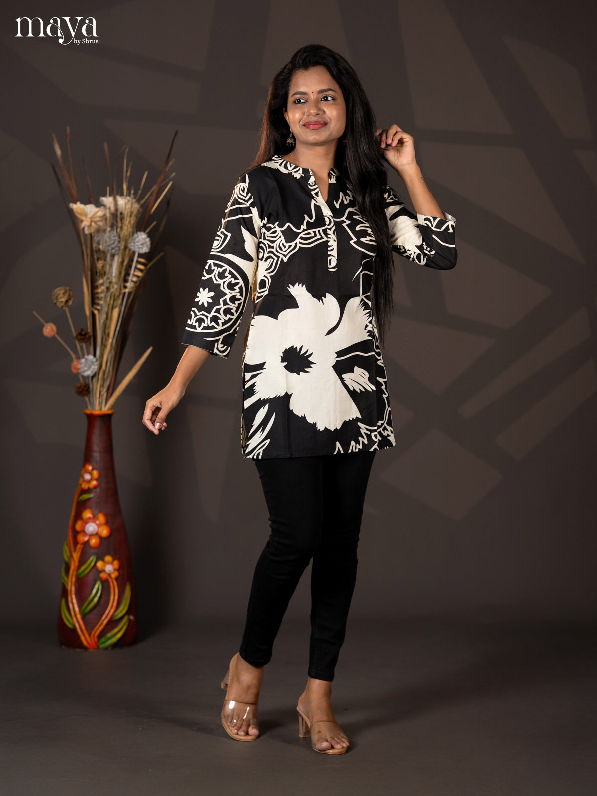 Black Abstract Printed Rayon Short Straight Kurta - Shop on Shrus.com