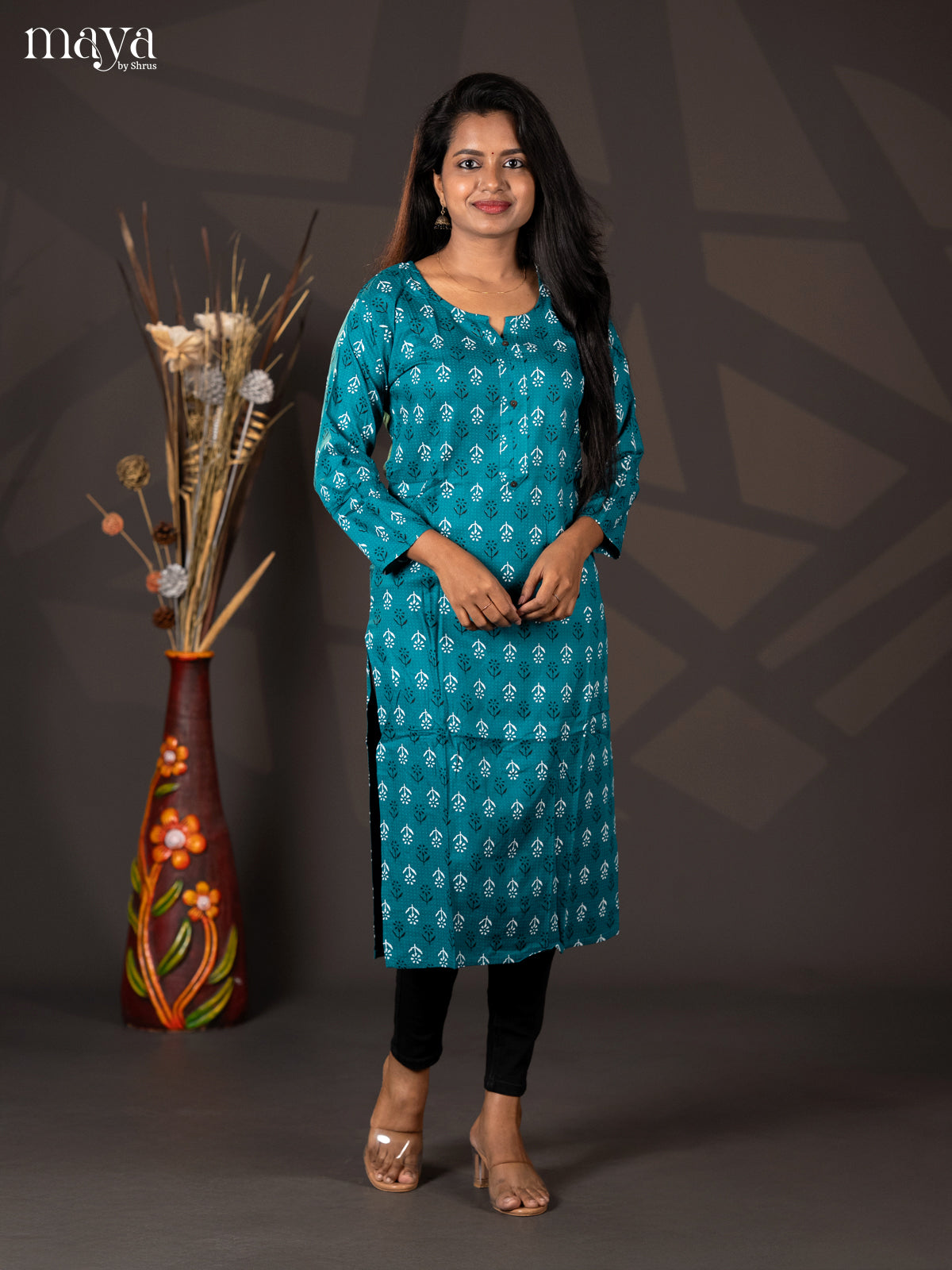 Teal Green Floral Printed Rayon Straight Kurti - Shop on Shrus.com