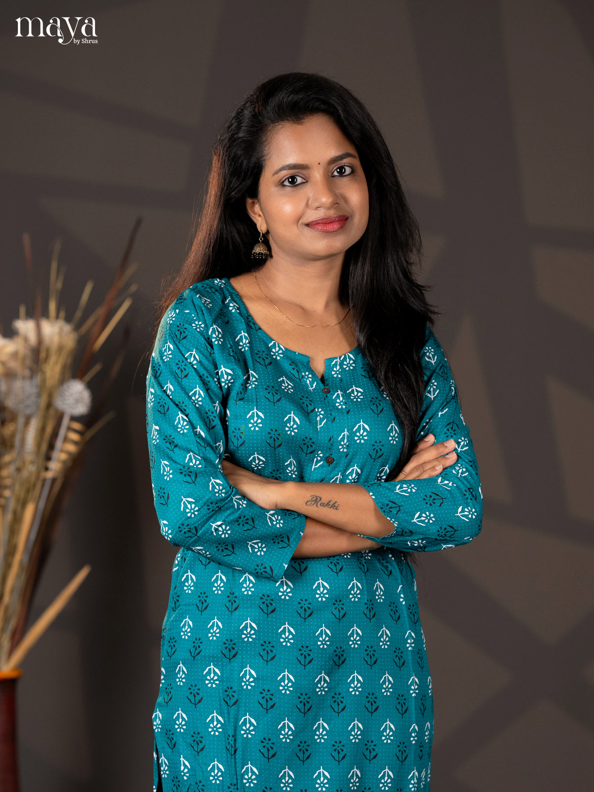 Teal Green Floral Printed Rayon Straight Kurti - Shop on Shrus.com