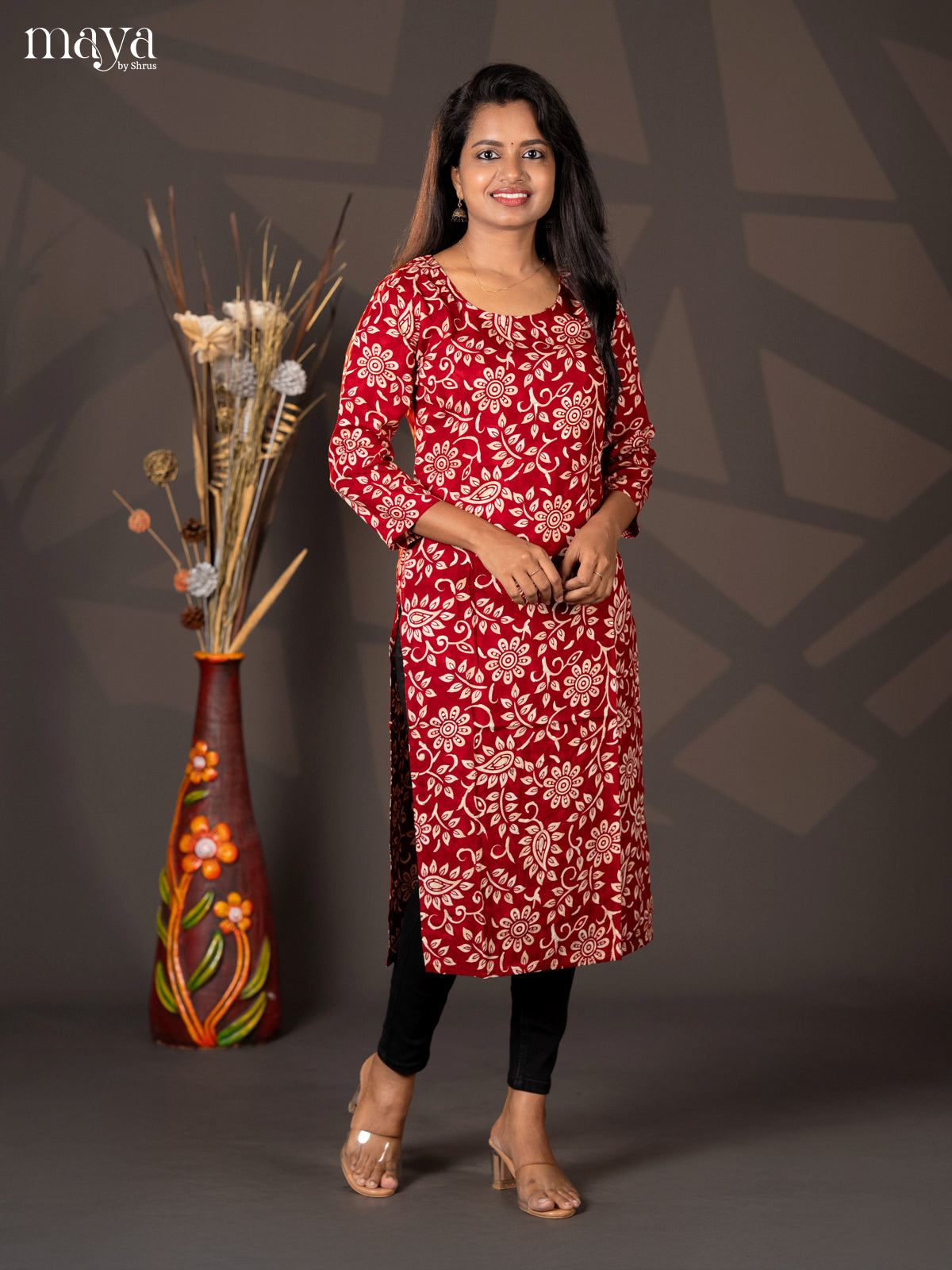 Maroon Floral Printed Rayon Straight Kurti - Shop on Shrus.com
