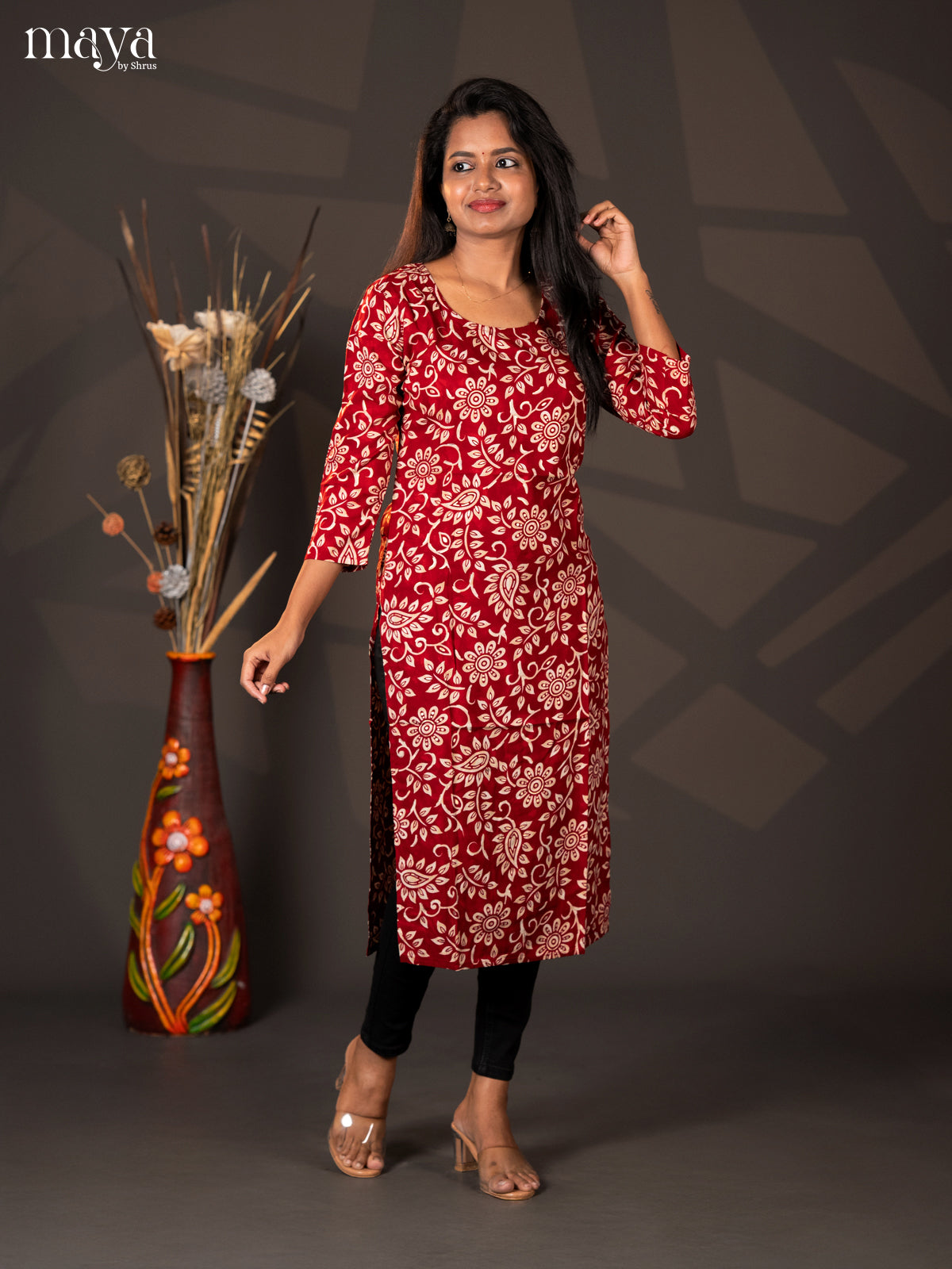 Maroon Floral Printed Rayon Straight Kurti - Shop on Shrus.com
