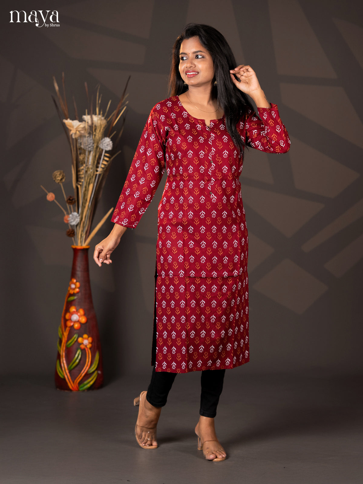 Maroon Floral Printed Rayon Straight Kurti - Shop on Shrus.com