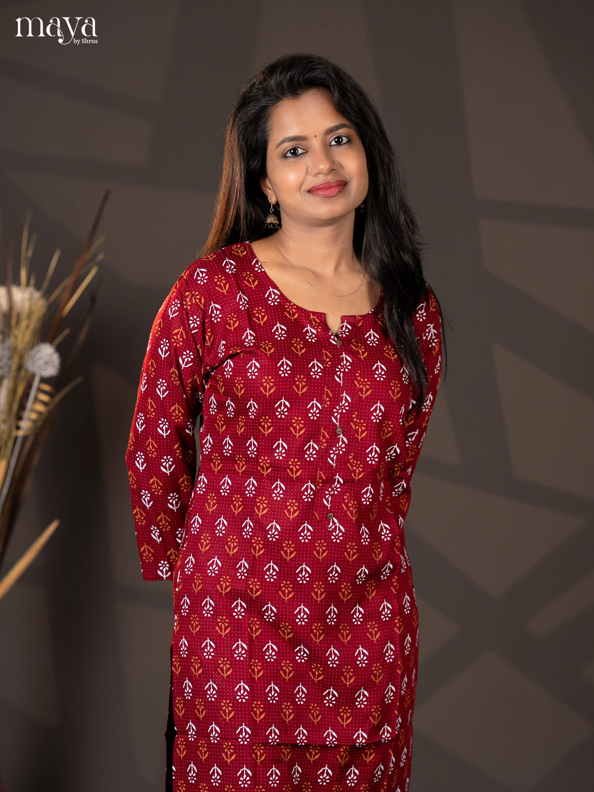 Maroon Floral Printed Rayon Straight Kurti - Shop on Shrus.com