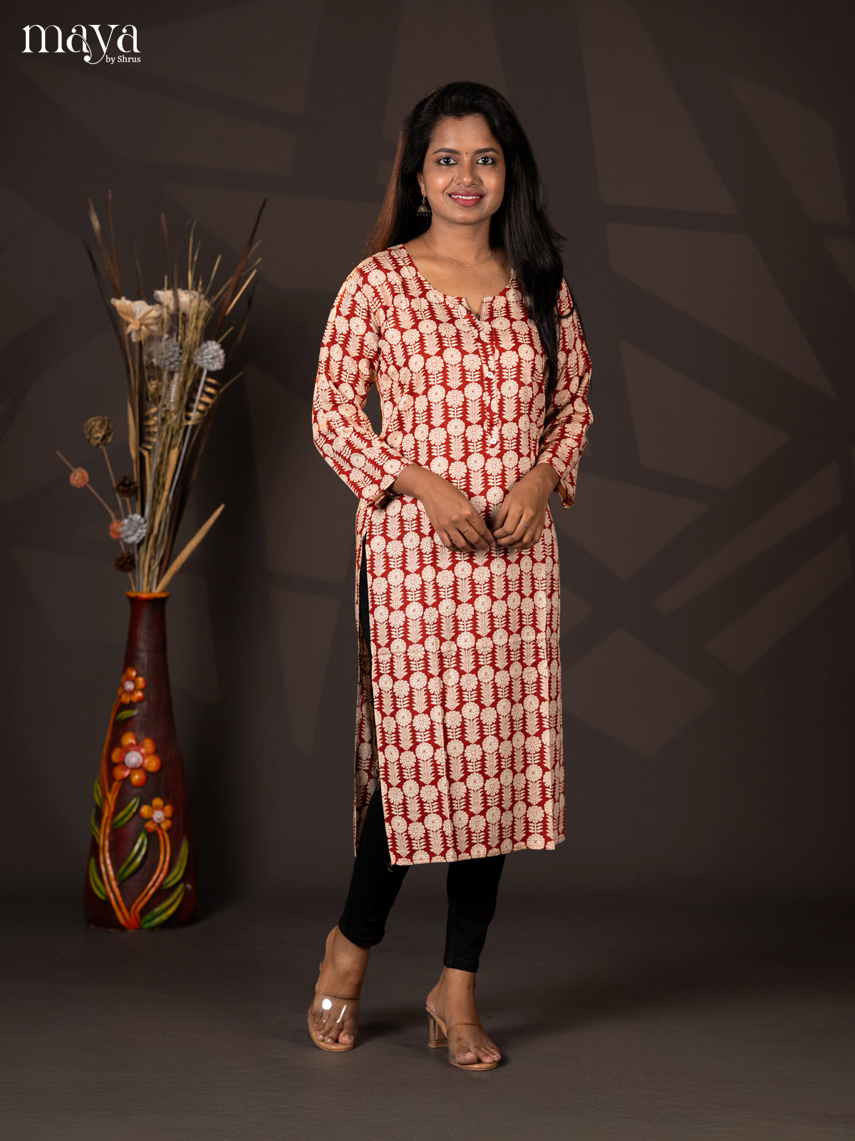 Reddish Brown Block Printed Rayon Straight Kurti - Shop on Shrus.com