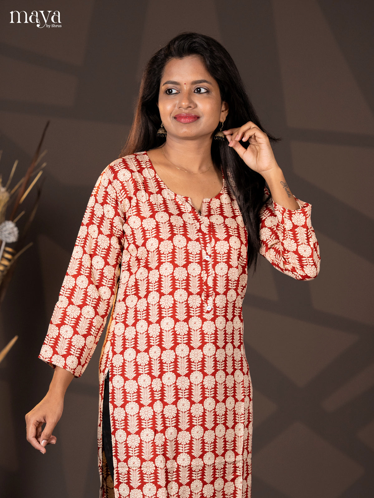 Reddish Brown Block Printed Rayon Straight Kurti - Shop on Shrus.com