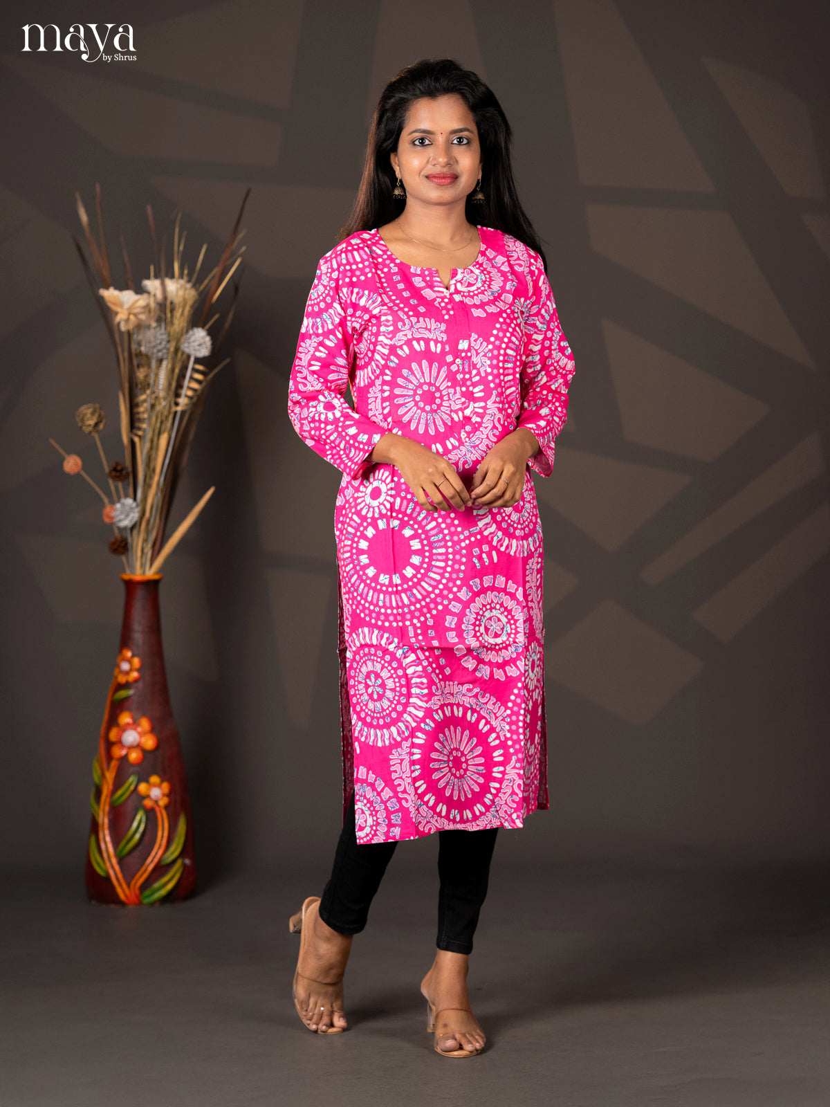 Pink Batik Printed Rayon Straight Kurti - Shop on Shrus.com