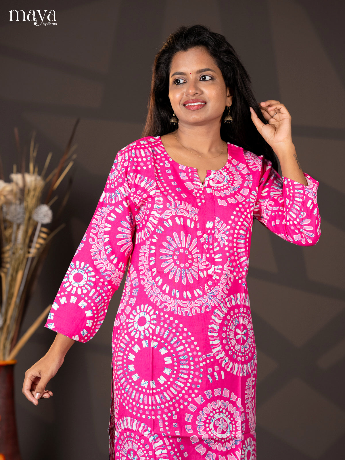 Pink Batik Printed Rayon Straight Kurti - Shop on Shrus.com