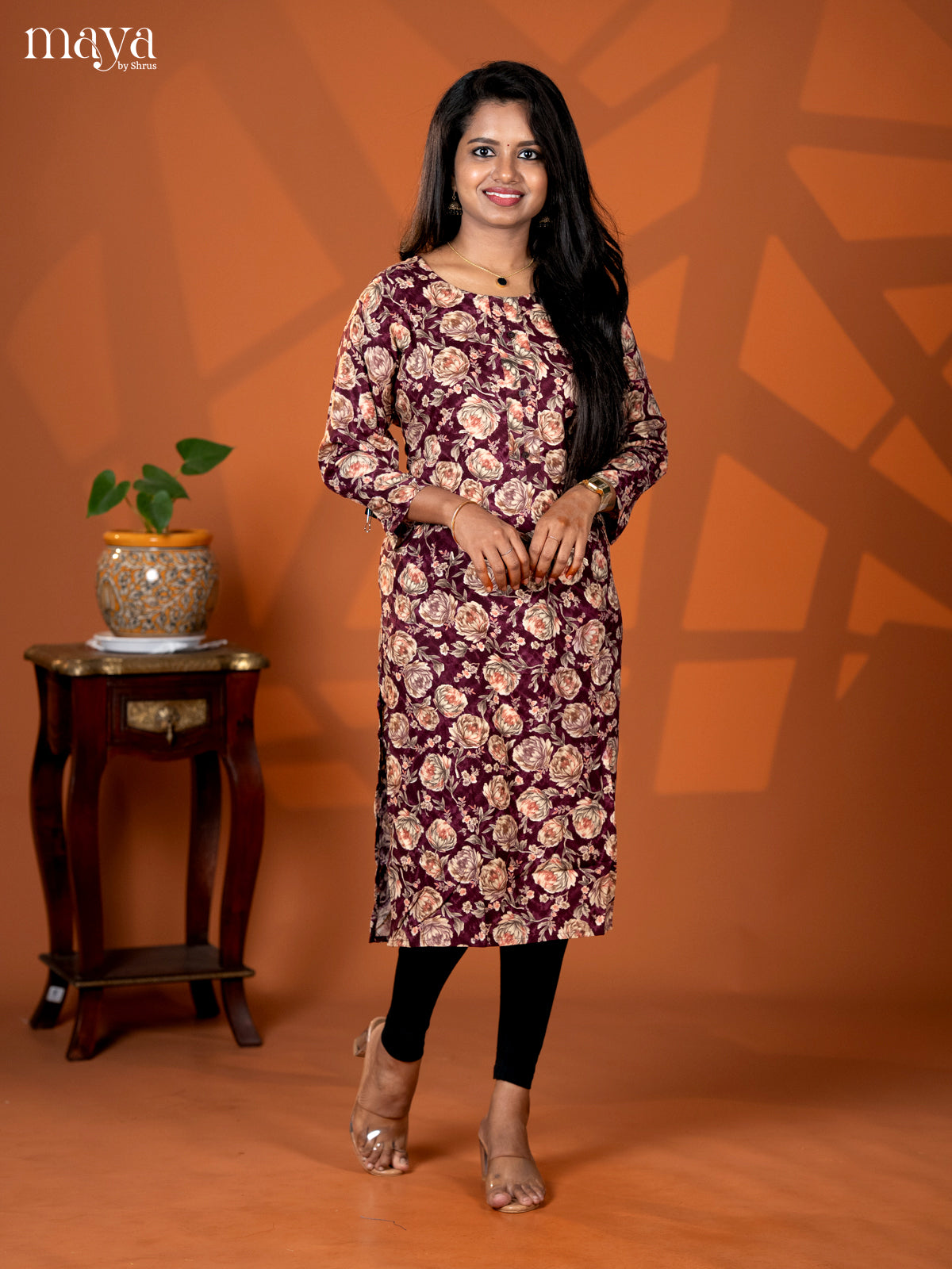 Dark Brown Floral Printed Rayon Straight Kurti - Shop on Shrus.com