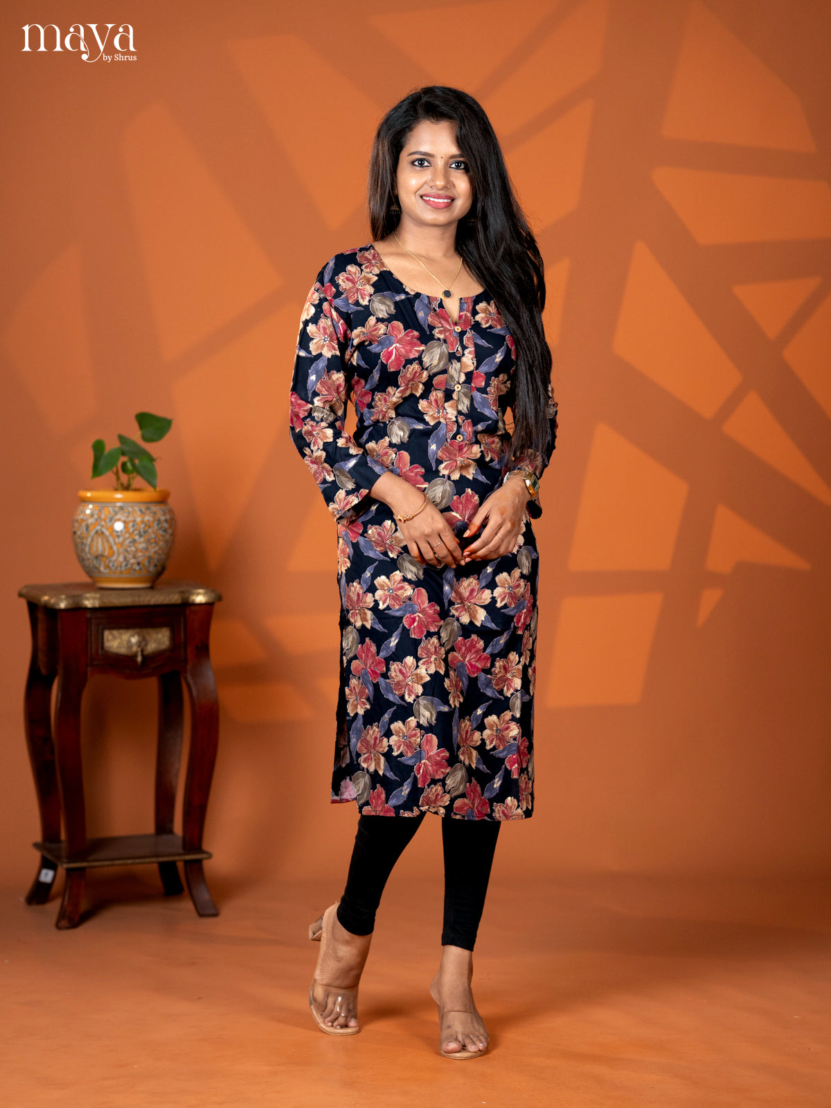 Black Floral Printed Rayon Straight Kurti - Shop on Shrus.com