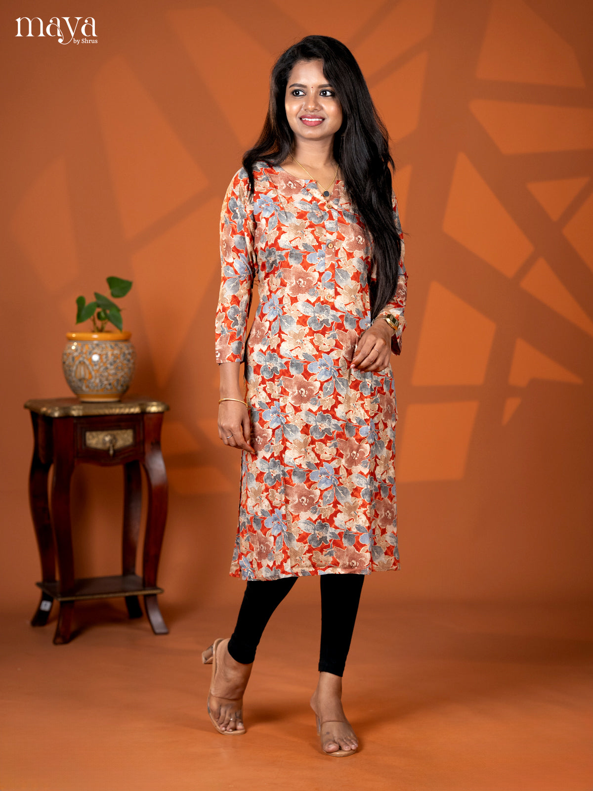 Rust Floral Printed Rayon Straight Kurti - Shop on Shrus.com