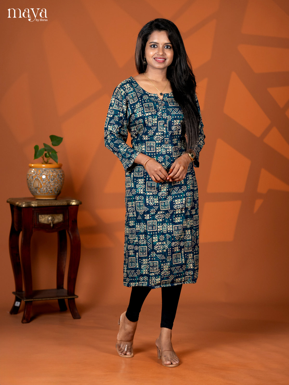Peacock Blue Floral Printed Rayon Straight Kurti - Shop on Shrus.com
