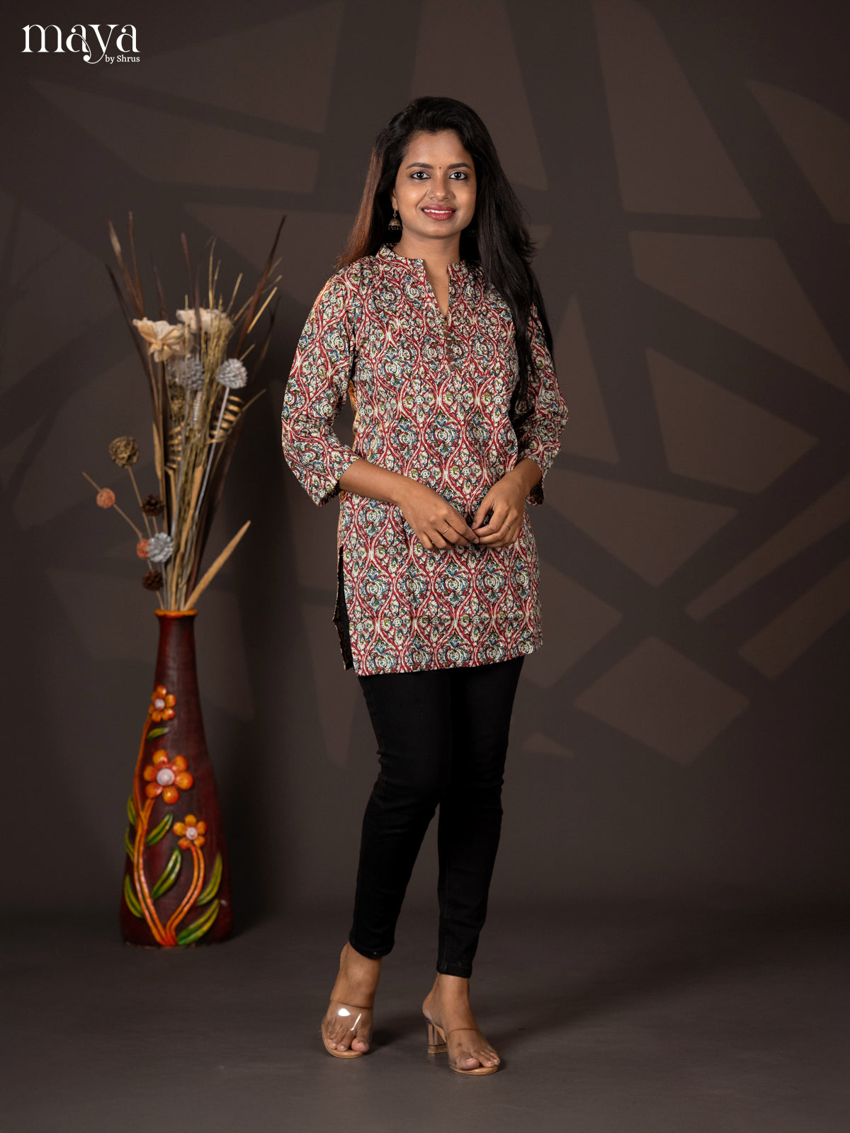 Maroon Kalamkari Handblock Printed Cotton Straight Short Kurta - Shop on Shrus.com