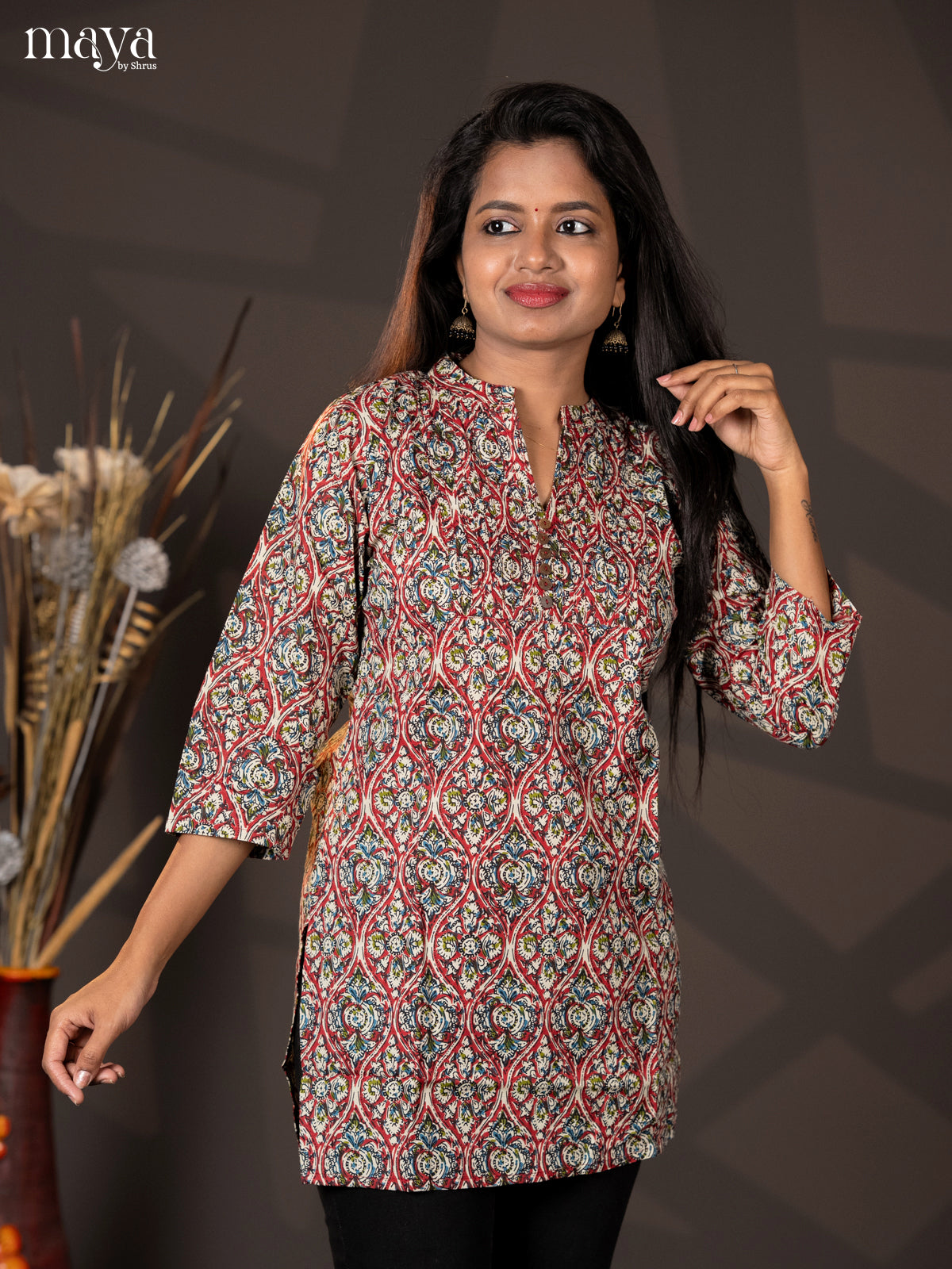 Maroon Kalamkari Handblock Printed Cotton Straight Short Kurta - Shop on Shrus.com