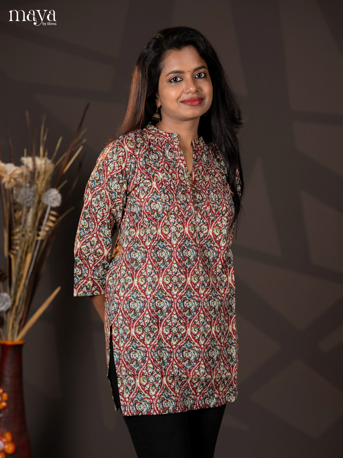 Maroon Kalamkari Handblock Printed Cotton Straight Short Kurta - Shop on Shrus.com