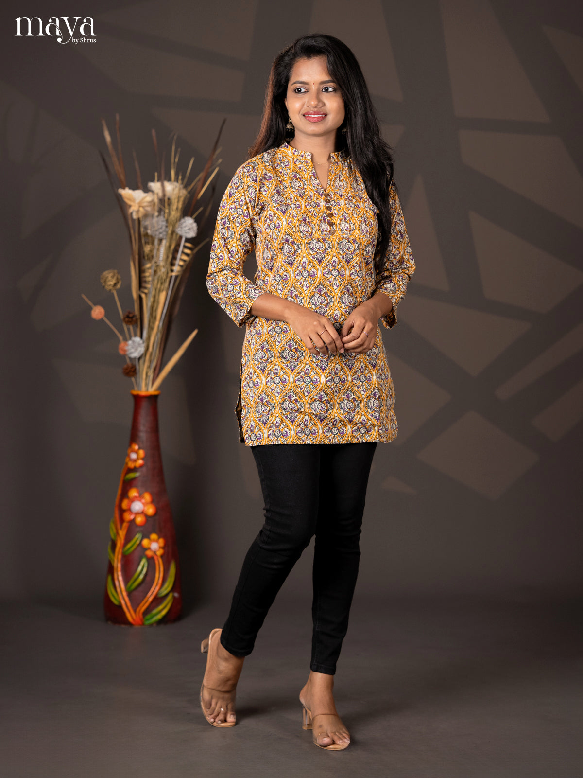 Mustard yellow with purple Kalamkari Handblock Printed Straight Short Kurta - Shop on Shrus.com