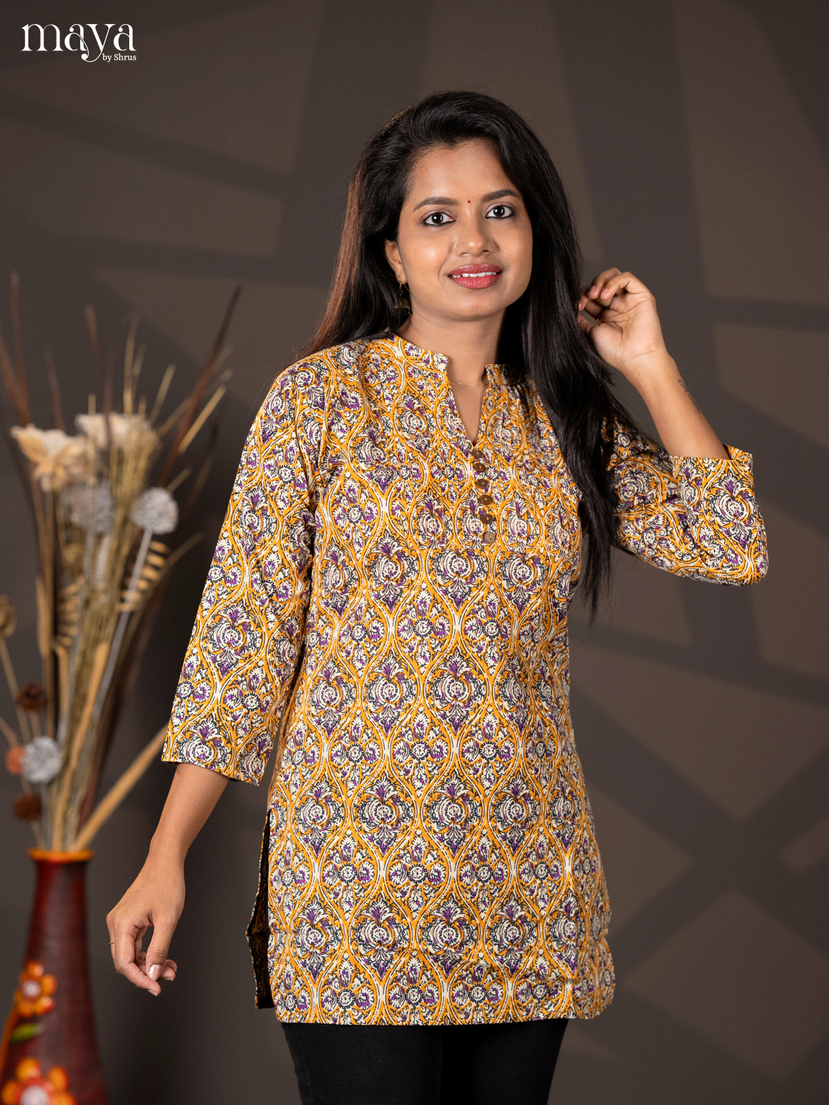 Mustard yellow with purple Kalamkari Handblock Printed Straight Short Kurta - Shop on Shrus.com