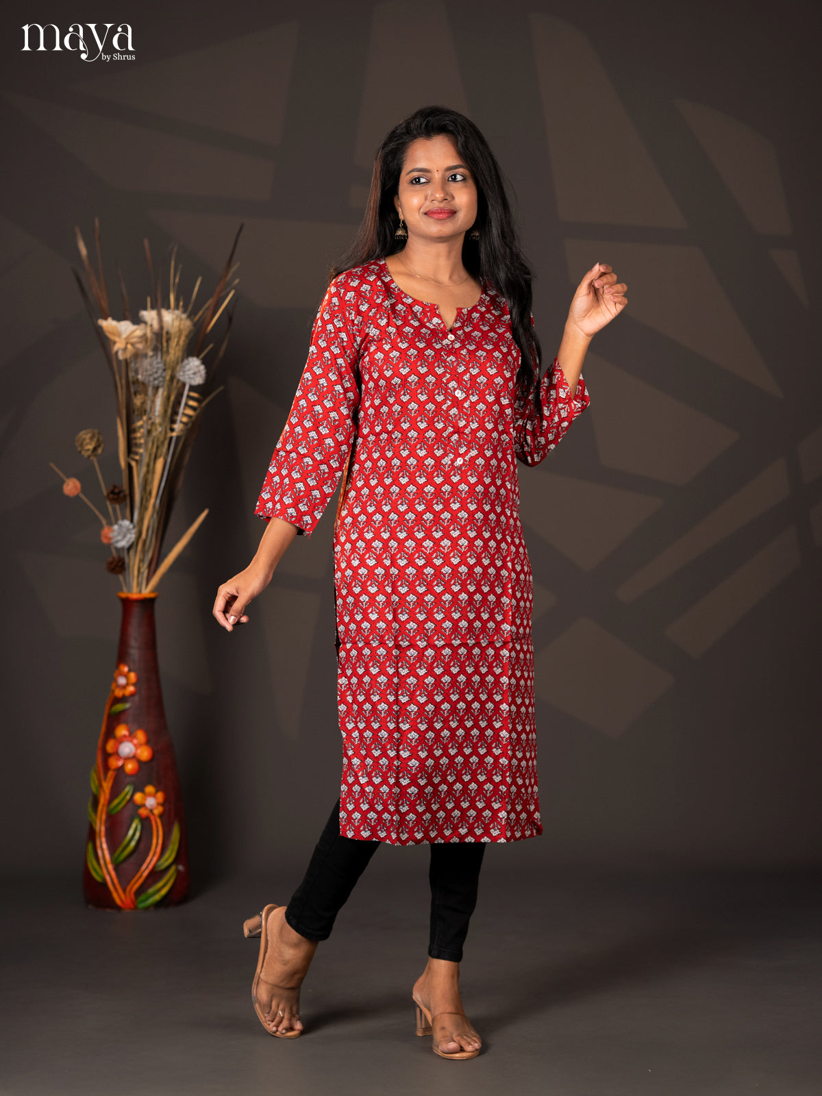 Red Floral Printed Cotton Straight Kurti - Shop on Shrus.com