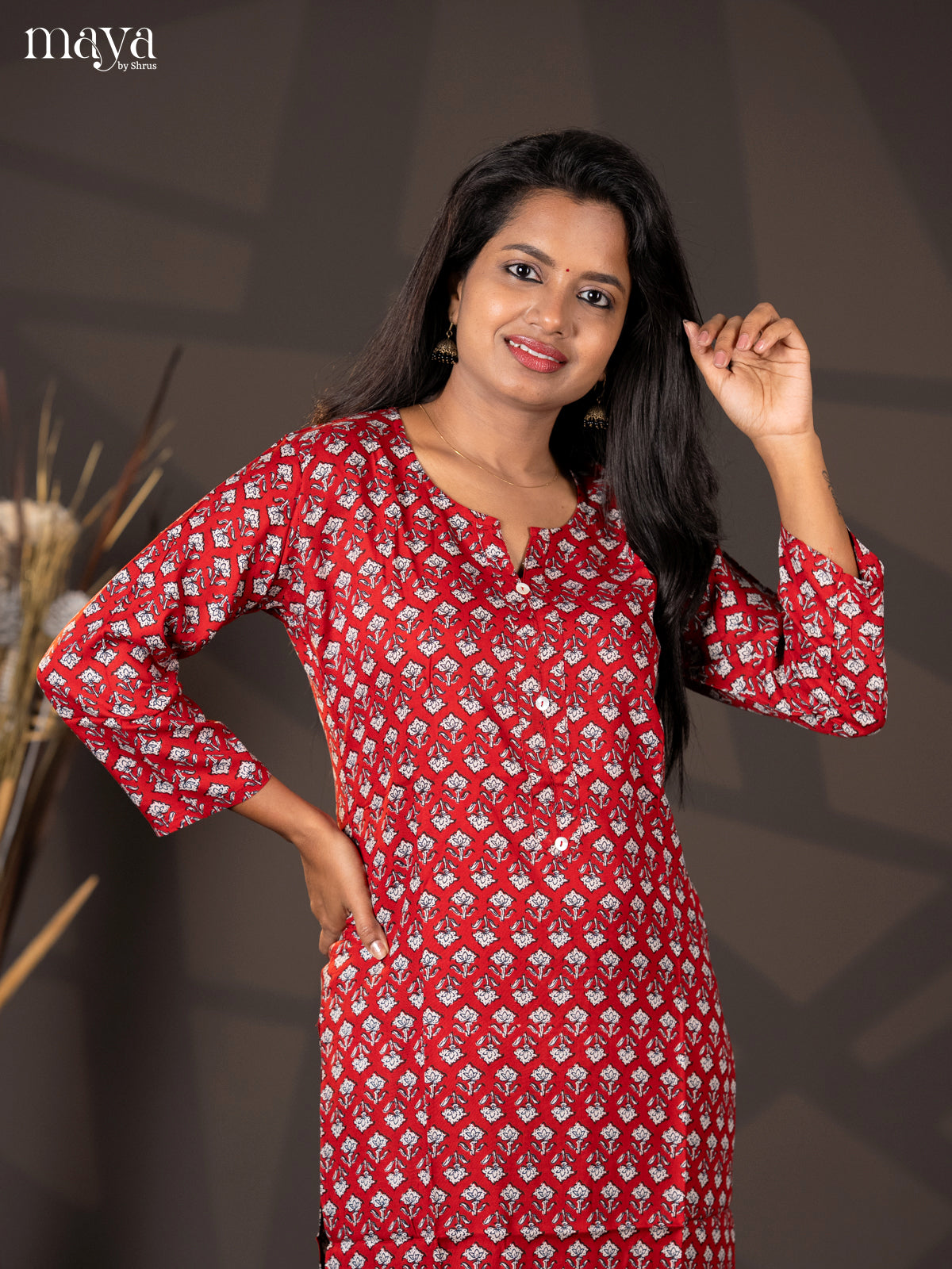 Red Floral Printed Cotton Straight Kurti - Shop on Shrus.com