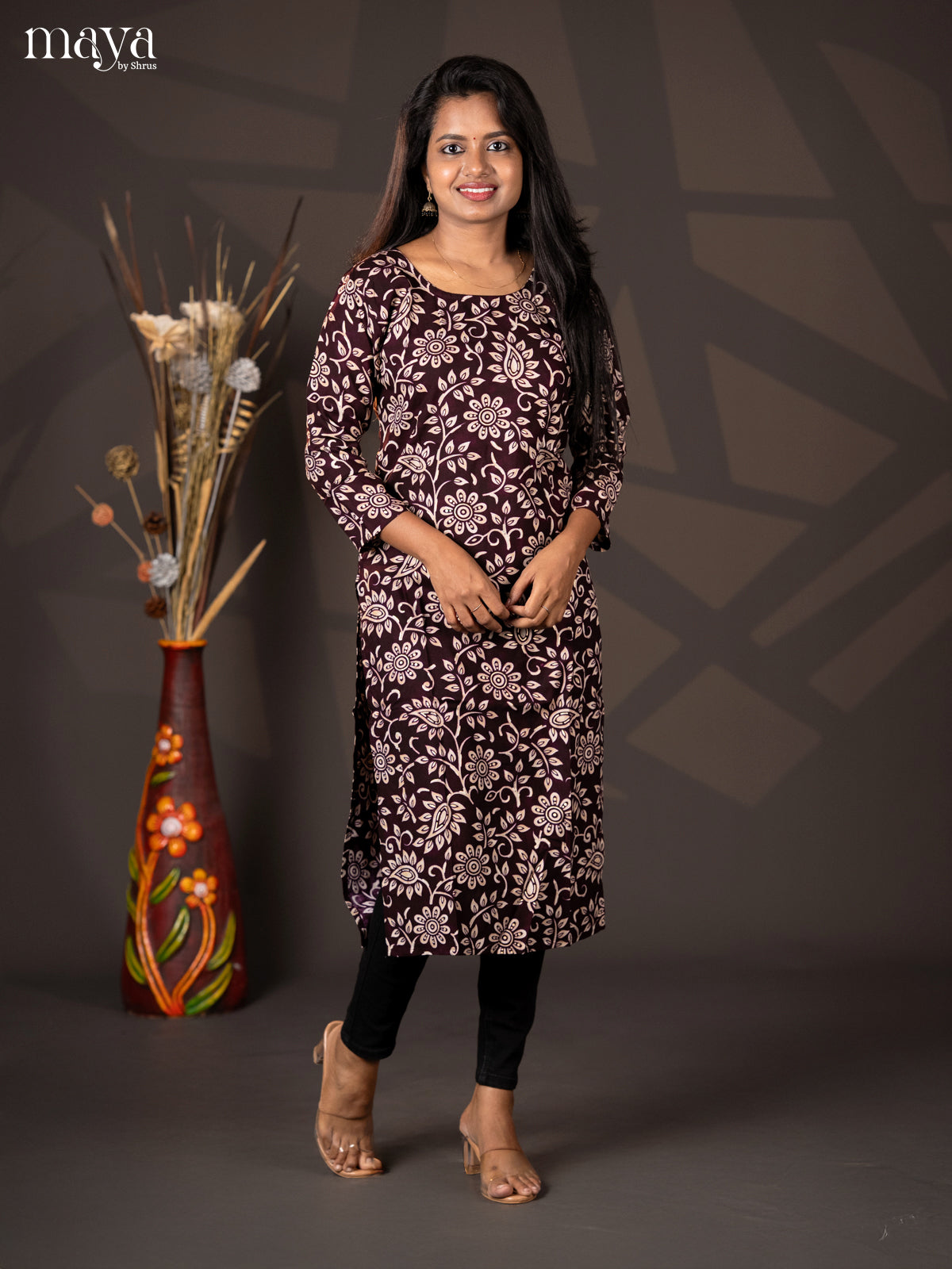 Dark Brown Floral printed Rayon Straight Kurti - Shop on Shrus.com