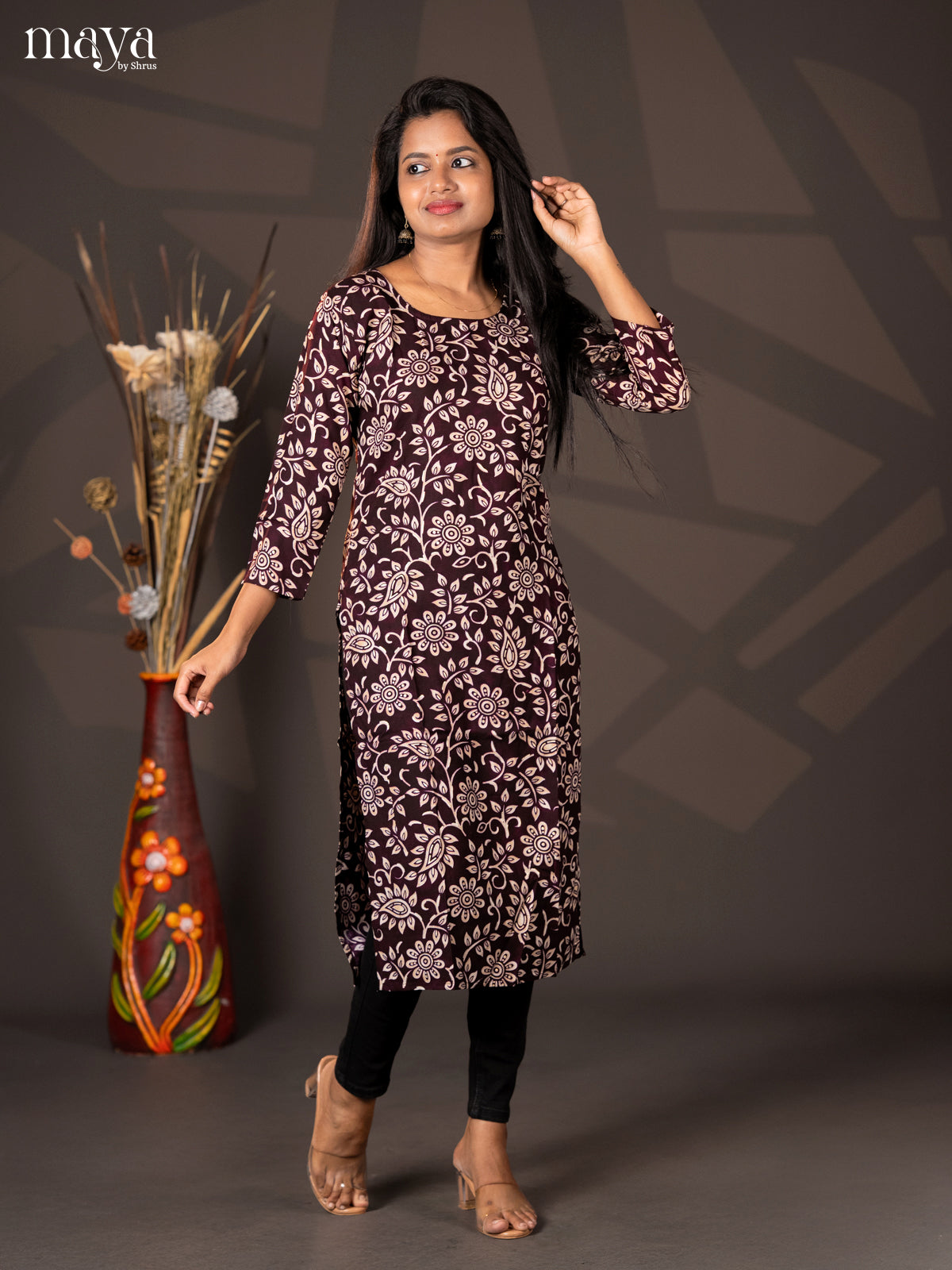 Dark Brown Floral printed Rayon Straight Kurti - Shop on Shrus.com
