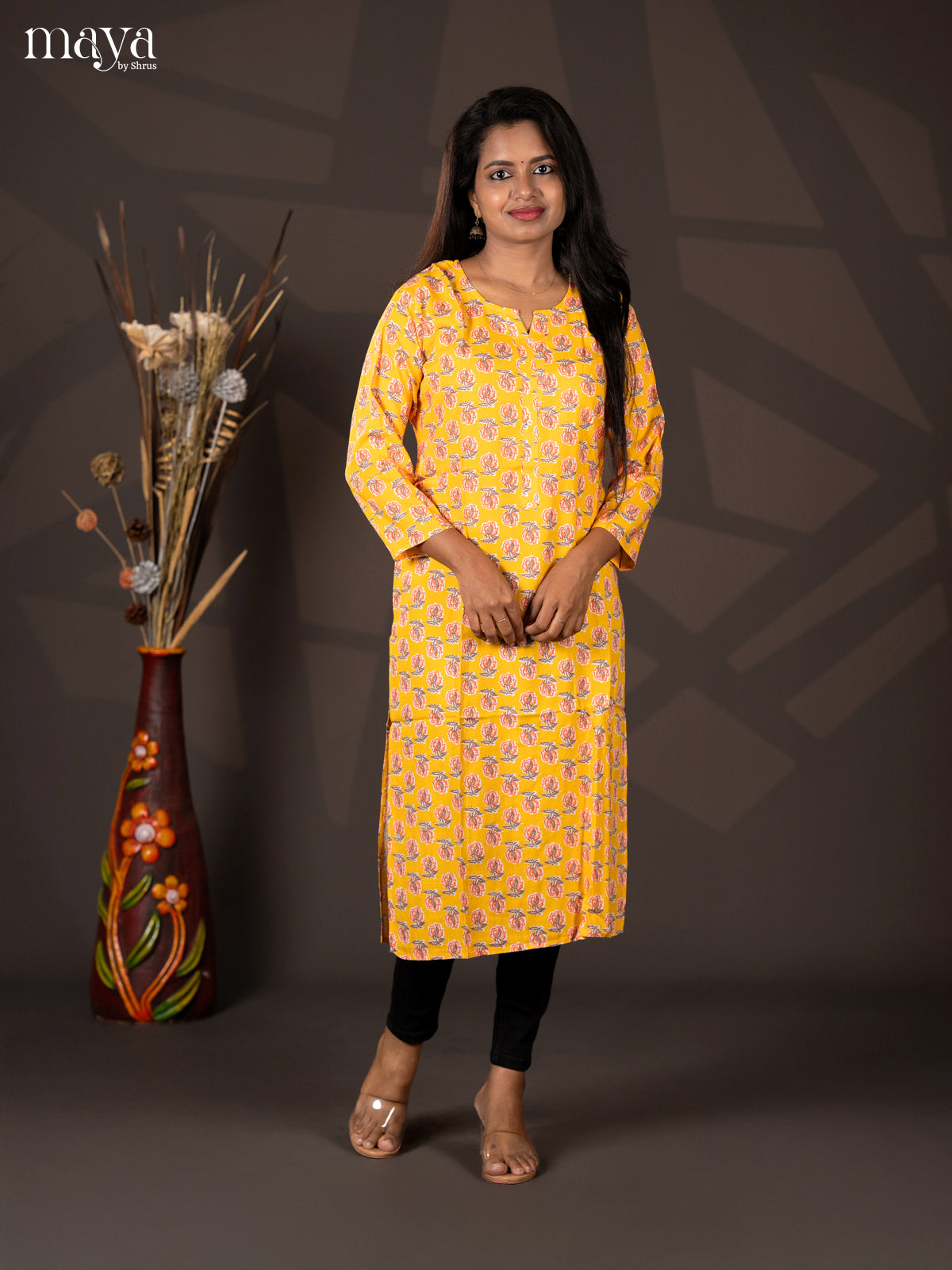 Yellow Floral Printed Rayon Straight Kurti - Shop on Shrus.com