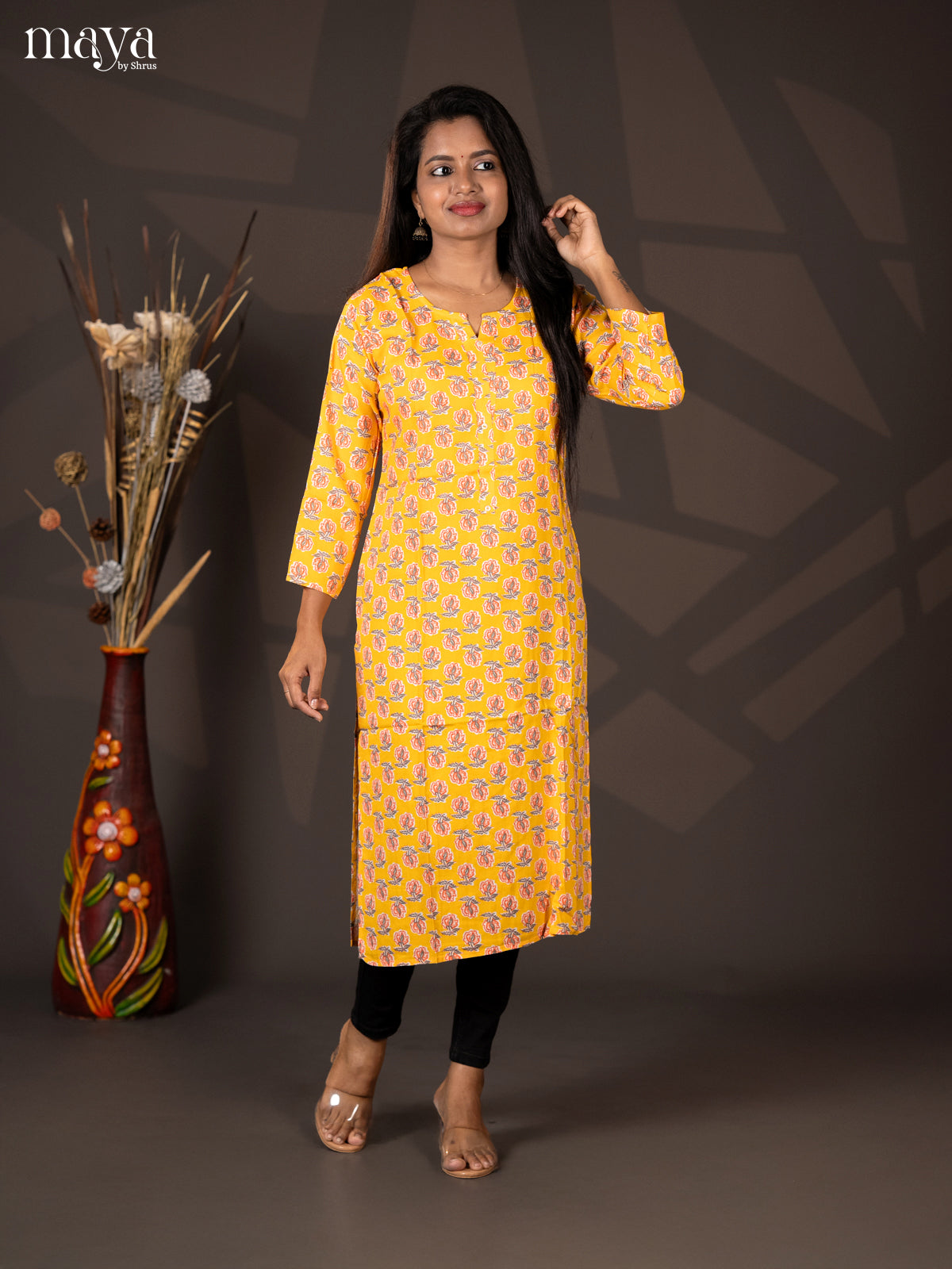 Yellow Floral Printed Rayon Straight Kurti - Shop on Shrus.com