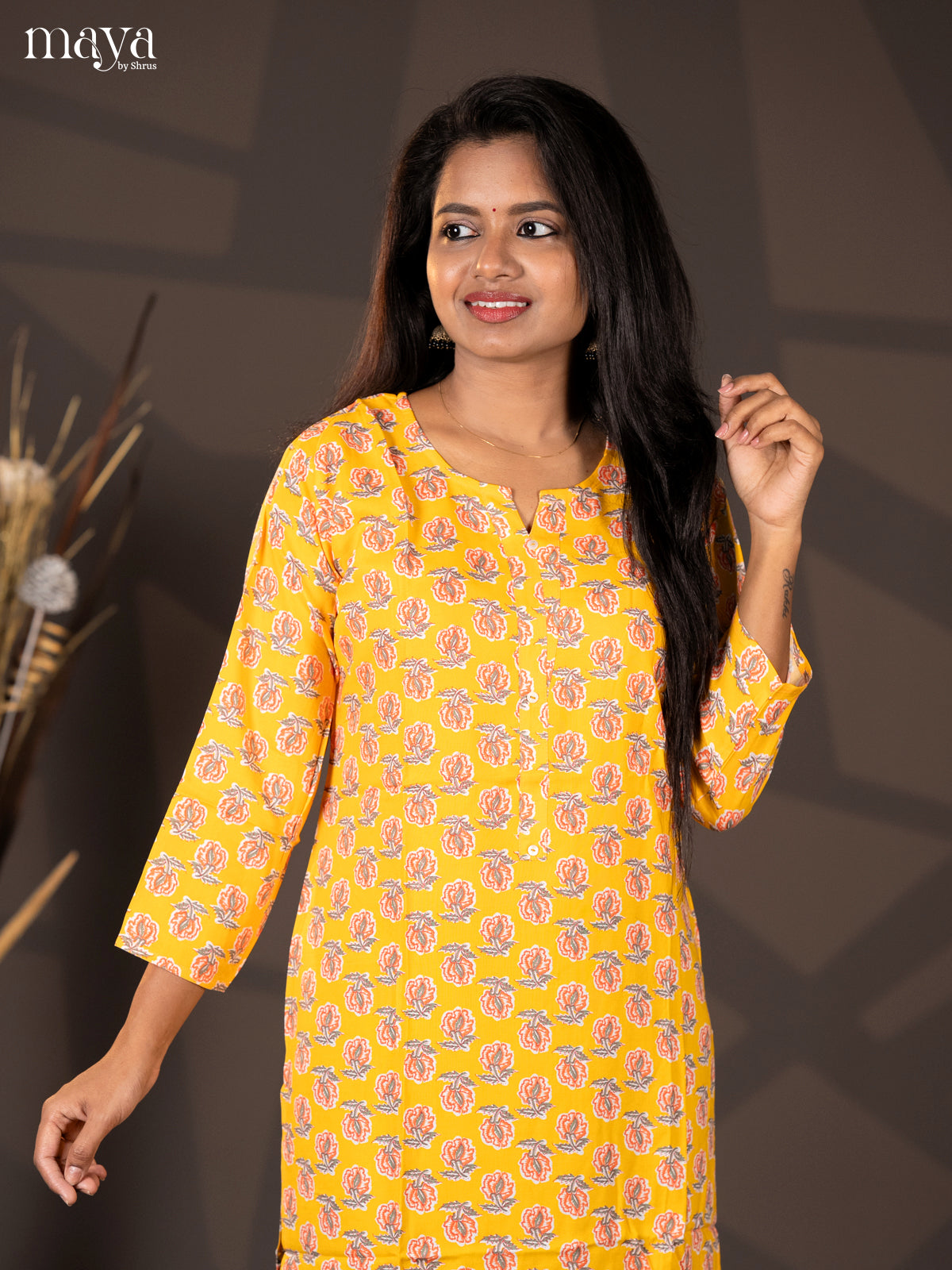 Yellow Floral Printed Rayon Straight Kurti - Shop on Shrus.com