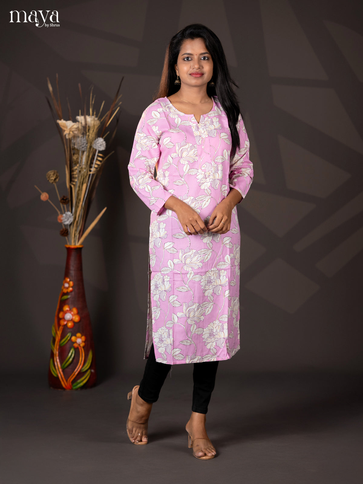 Baby pink Floral Printed Rayon Straight Kurti - Shop on Shrus.com