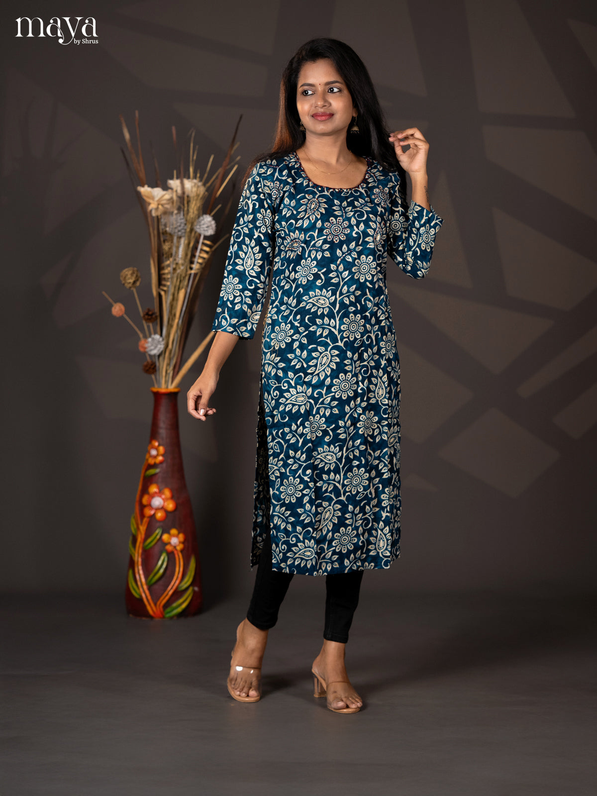 Peacock Blue Floral Printed Rayon Straight Kurti - Shop on Shrus.com