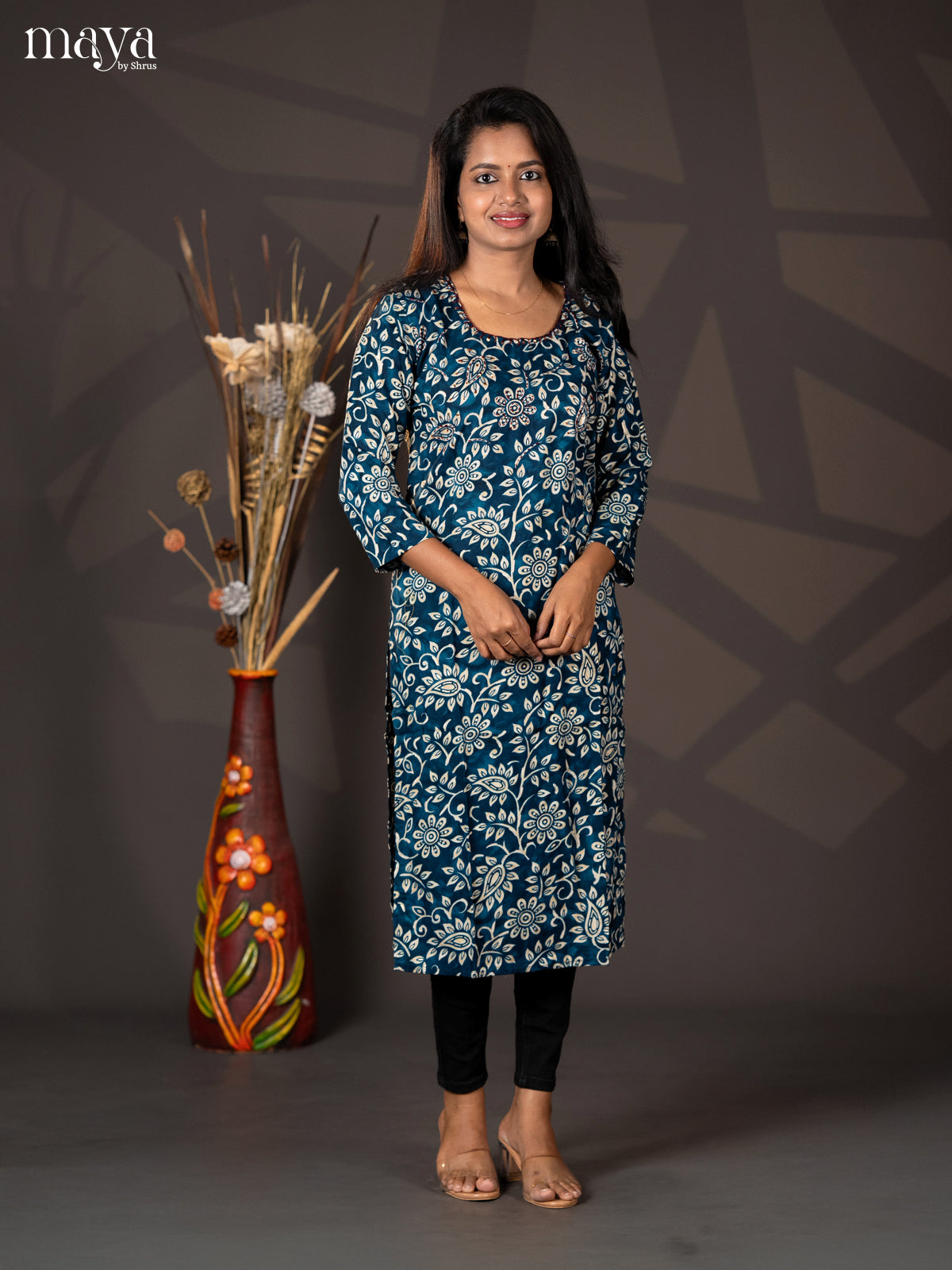 Peacock Blue Floral Printed Rayon Straight Kurti - Shop on Shrus.com