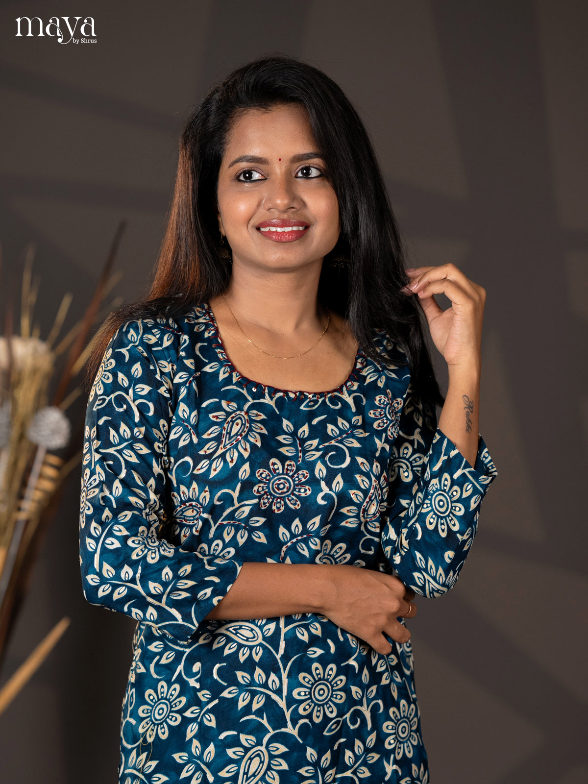 Peacock Blue Floral Printed Rayon Straight Kurti - Shop on Shrus.com