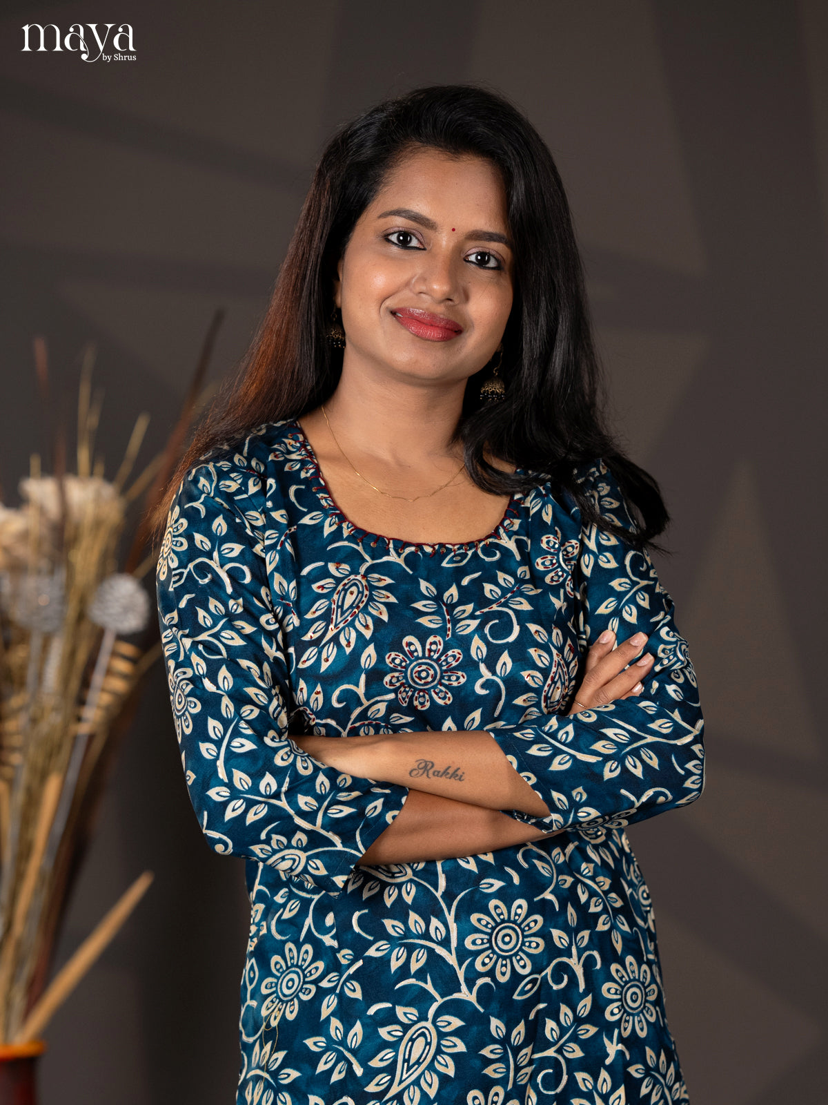 Peacock Blue Floral Printed Rayon Straight Kurti - Shop on Shrus.com