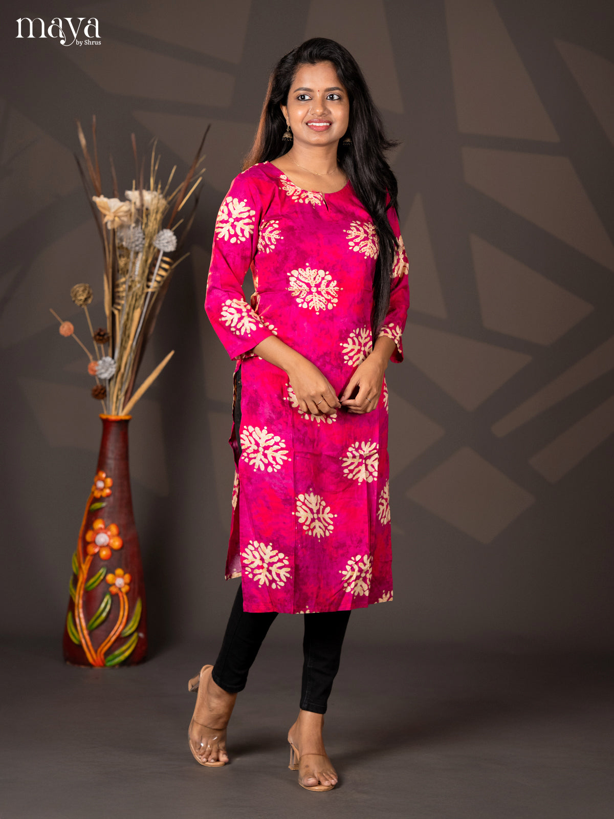 Pink Batik Printed Rayon Straight Kurti - Shop on Shrus.com
