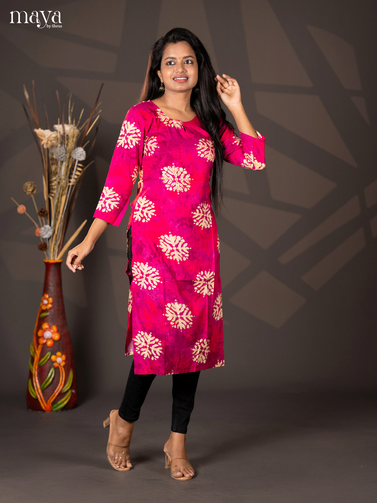 Pink Batik Printed Rayon Straight Kurti - Shop on Shrus.com