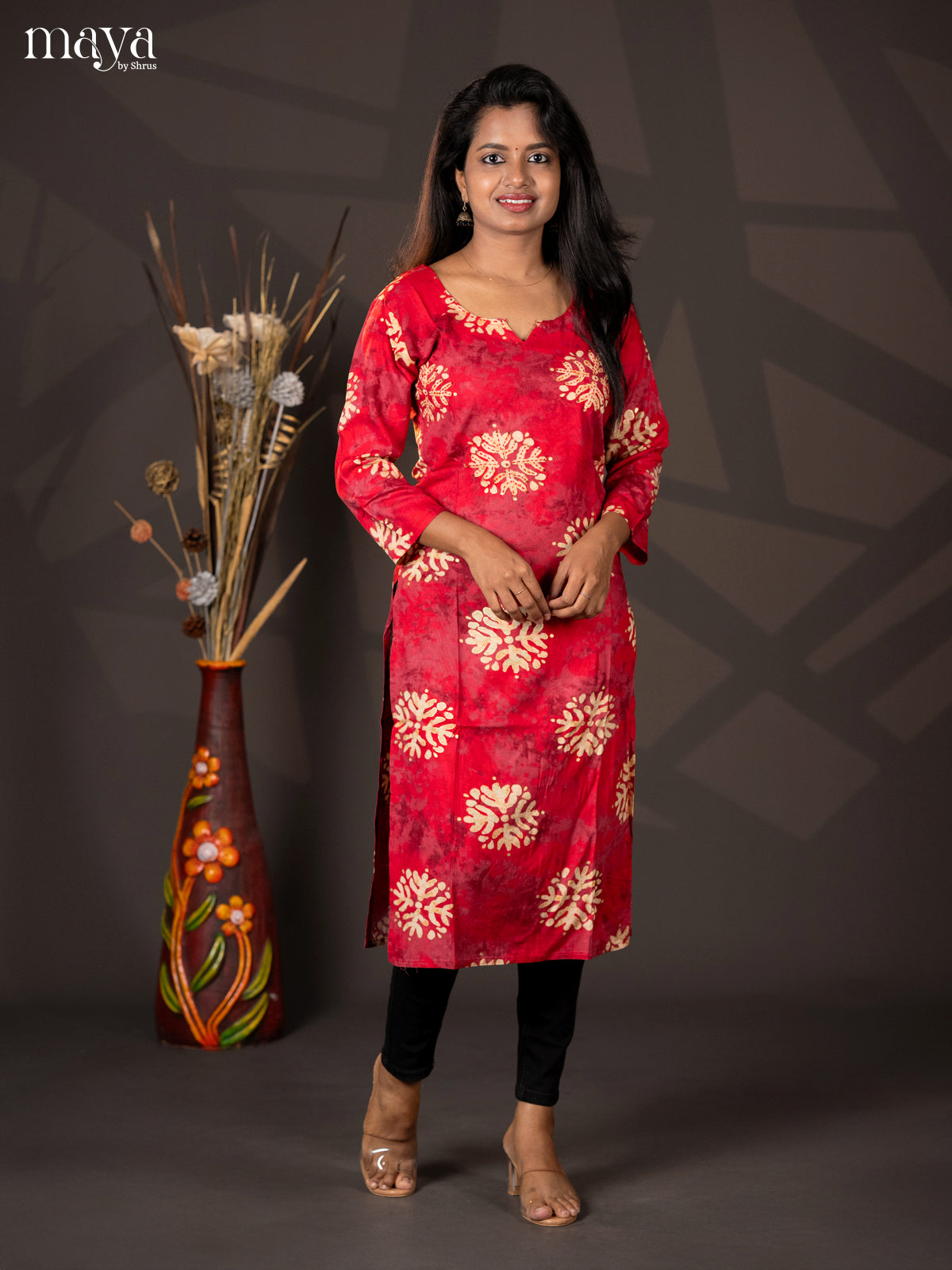 Red with Onion Pink Batik Printed Rayon Straight Kurti - Shop on Shrus.com