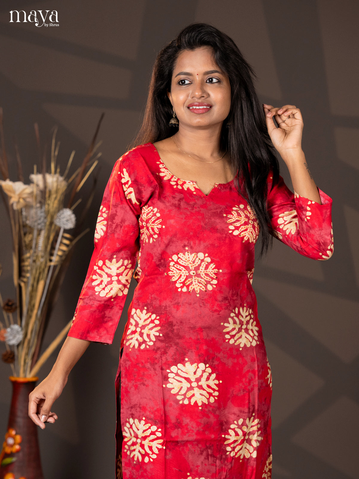 Red with Onion Pink Batik Printed Rayon Straight Kurti - Shop on Shrus.com