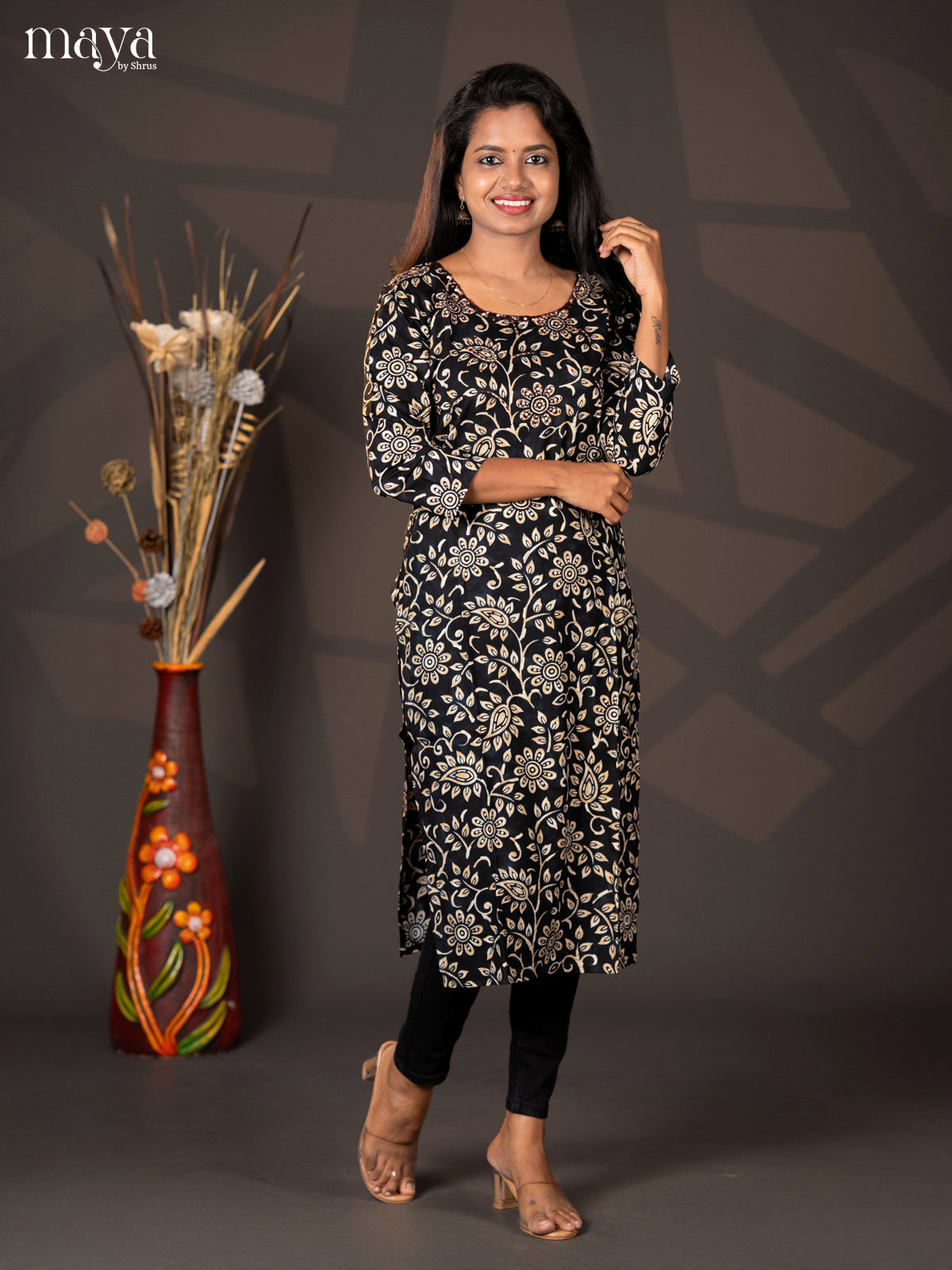 Black Floral Printed Rayon Straight Kurti - Shop on Shrus.com