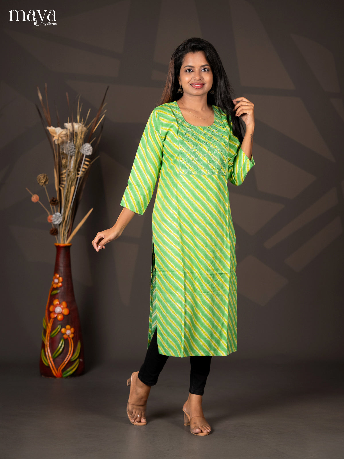 Green with Lemon yellow Embroidered Rayon Straight Kurti - Shop on Shrus.com