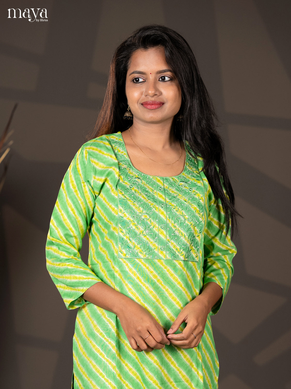 Green with Lemon yellow Embroidered Rayon Straight Kurti - Shop on Shrus.com
