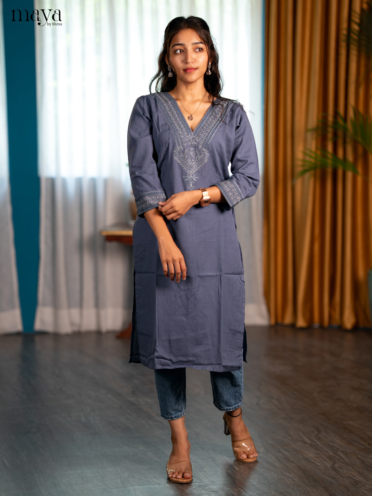 Dark Greyish Blue Embroidered Cotton Straight Kurti - Shop on Shrus.com