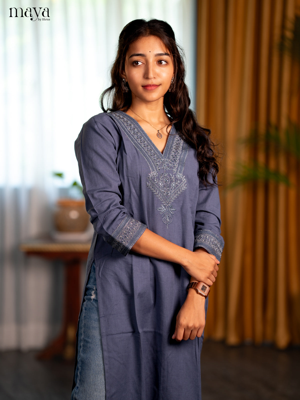 Dark Greyish Blue Embroidered Cotton Straight Kurti - Shop on Shrus.com