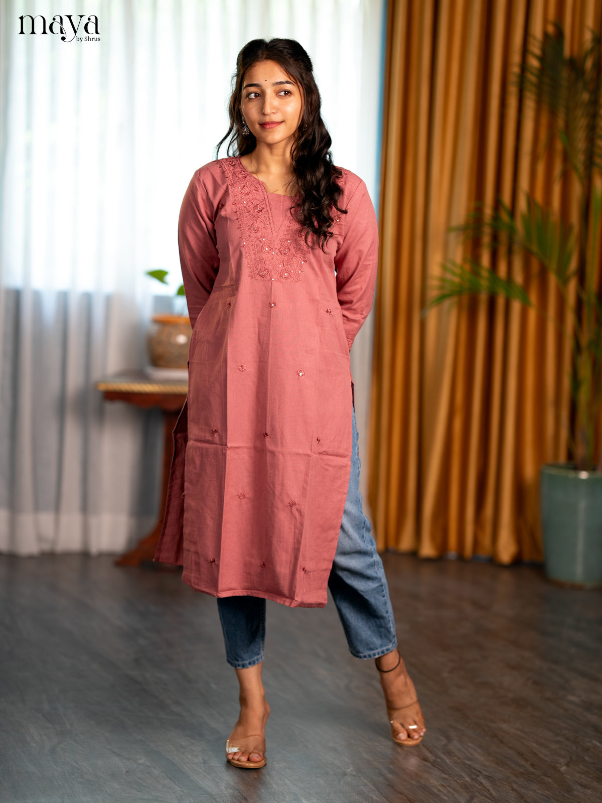 Onion Pink Embroidered Cotton Straight Kurti - Shop on Shrus.com
