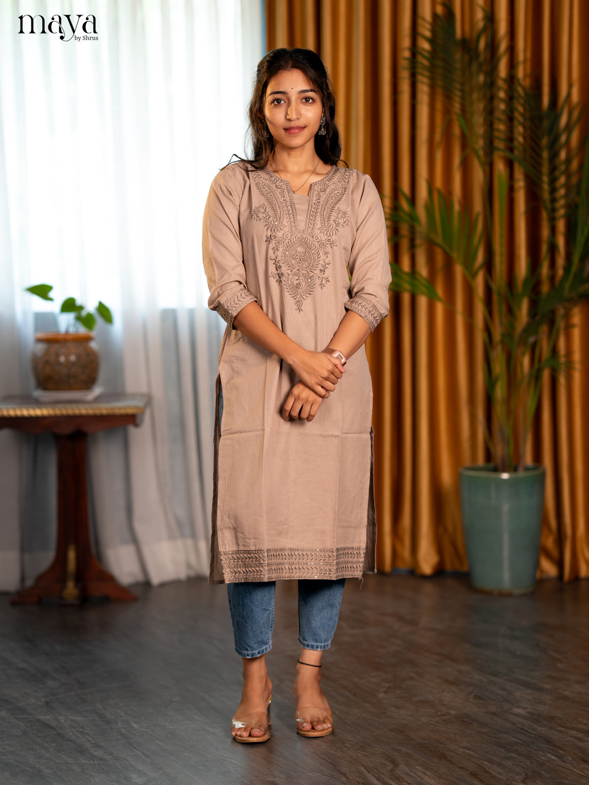 Beige Embroidered Cotton Straight Kurti - Shop on Shrus.com