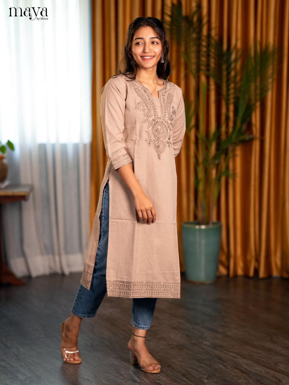 Beige Embroidered Cotton Straight Kurti - Shop on Shrus.com