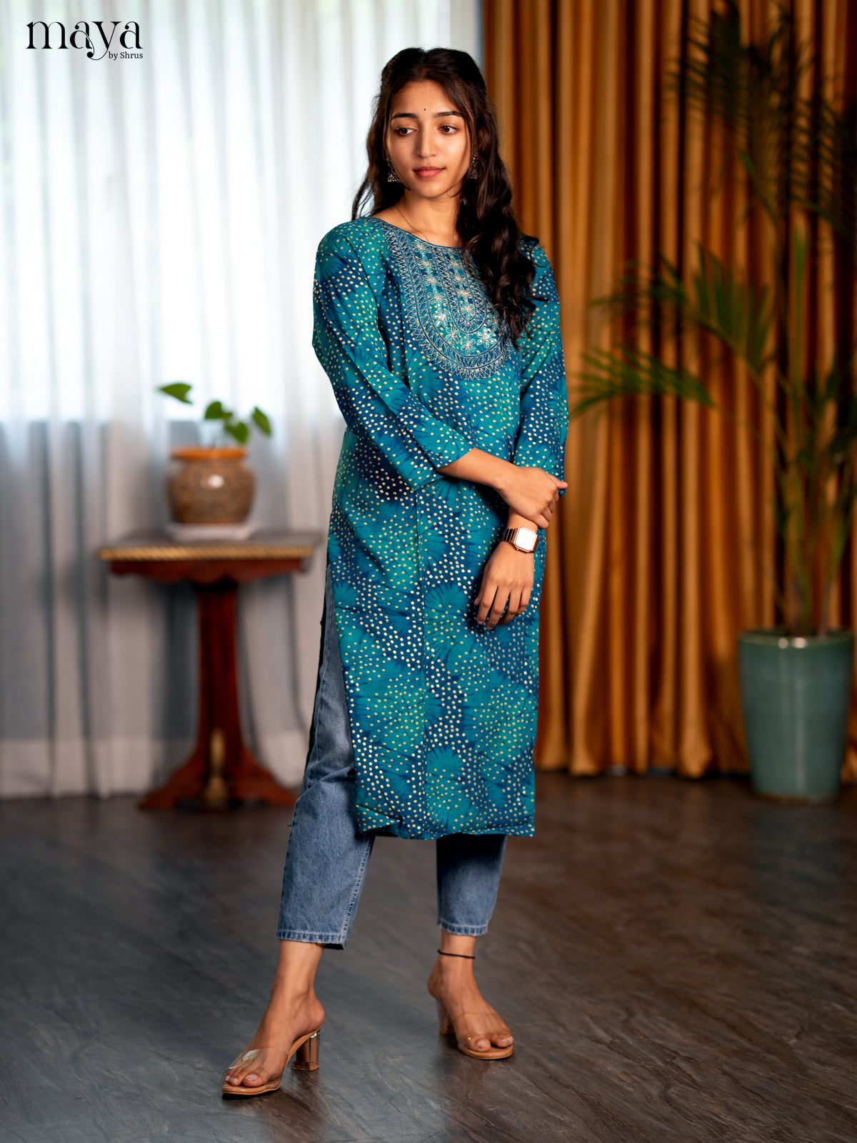 Peacock Blue Bandhini Printed Rayon Straight Kurti - Shop on Shrus.com