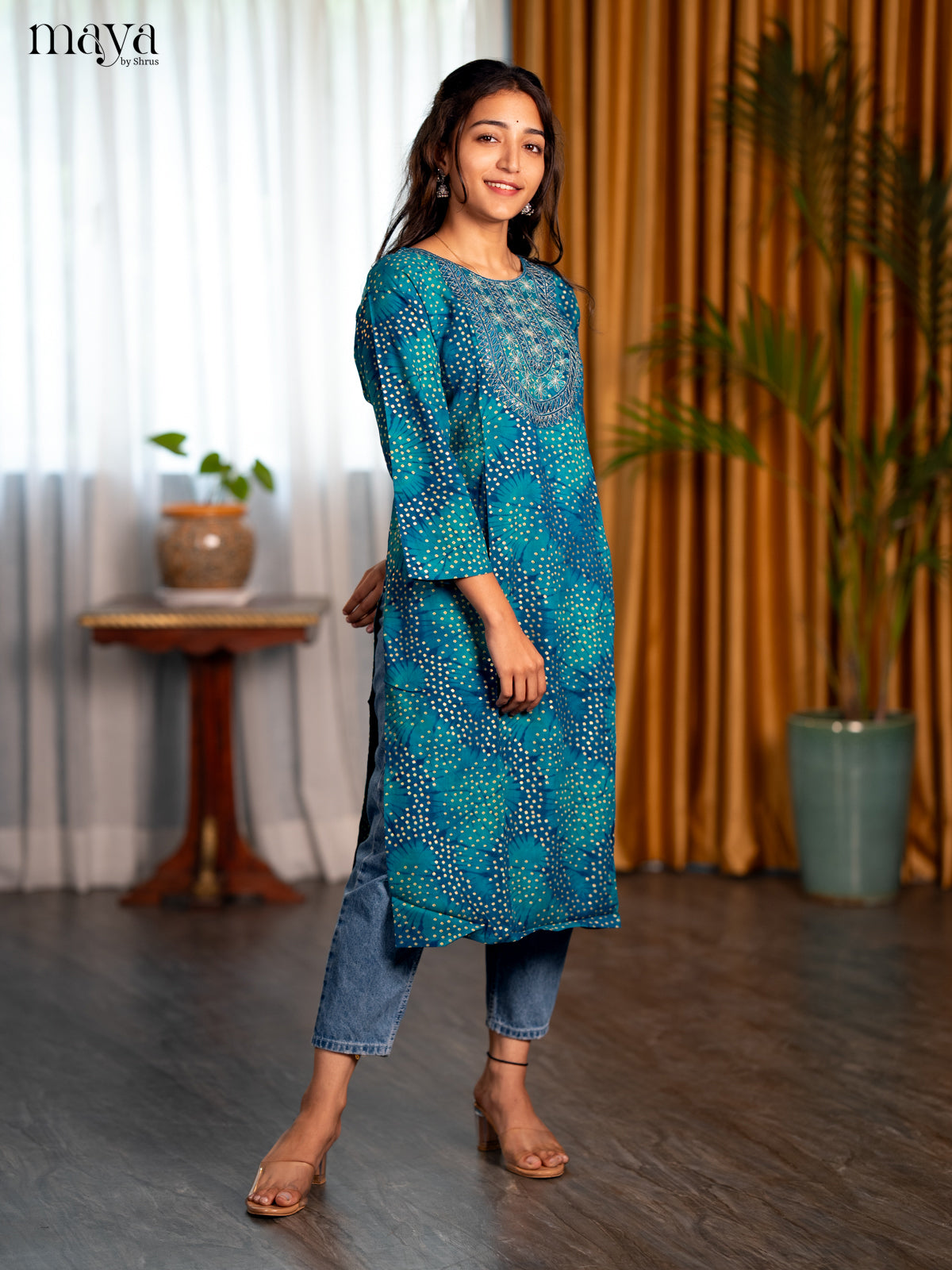 Peacock Blue Bandhini Printed Rayon Straight Kurti - Shop on Shrus.com