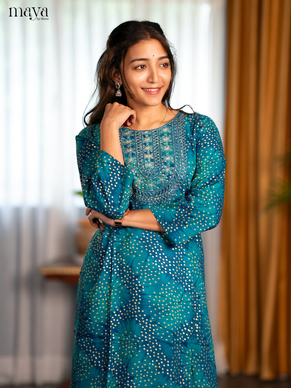 Peacock Blue Bandhini Printed Rayon Straight Kurti - Shop on Shrus.com