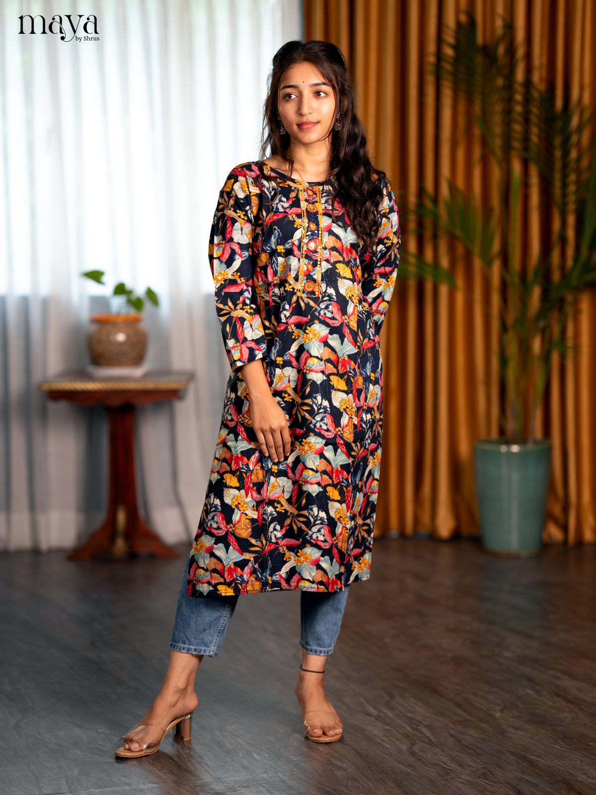 Multi Colour Floral Printed Rayon Straight Kurti - Shop on Shrus.com