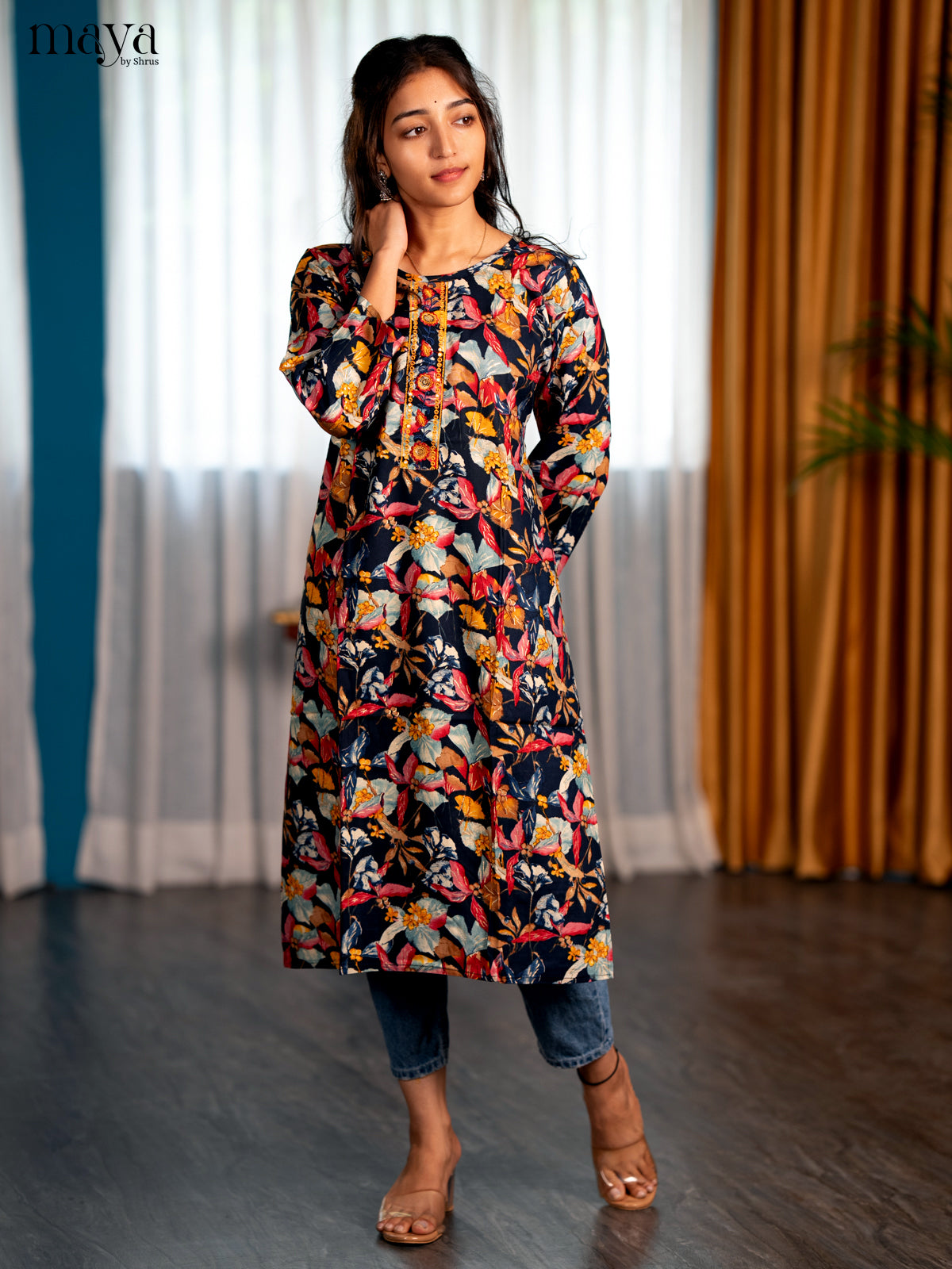 Multi Colour Floral Printed Rayon Straight Kurti - Shop on Shrus.com