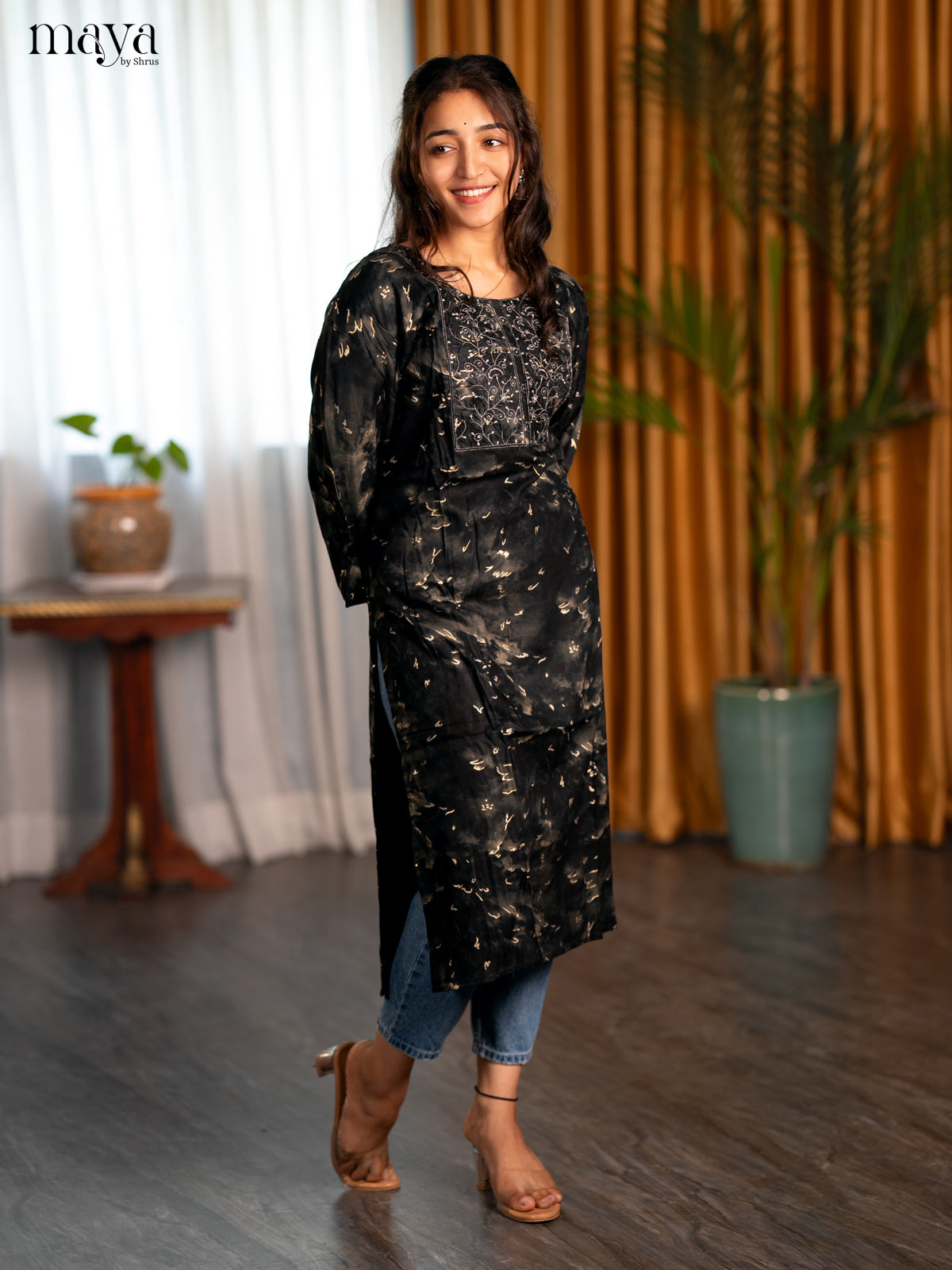 Dual Tone Olive green with Black Printed Rayon Straight Kurti - Shop on Shrus.com